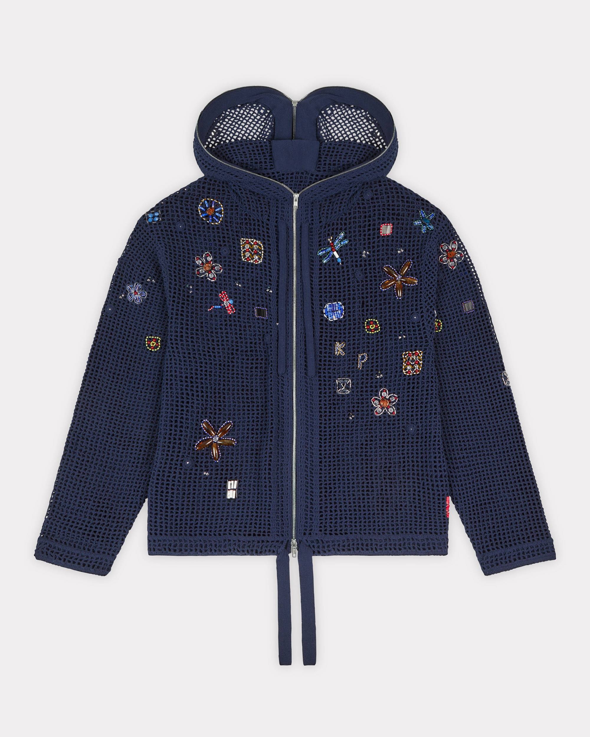 Oversized embroidered zip-up knitted hooded sweatshirt in cotton mesh - 3