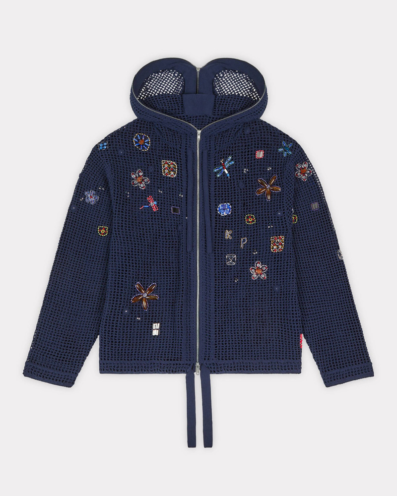 Oversized embroidered zip-up knitted hooded sweatshirt in cotton mesh 3