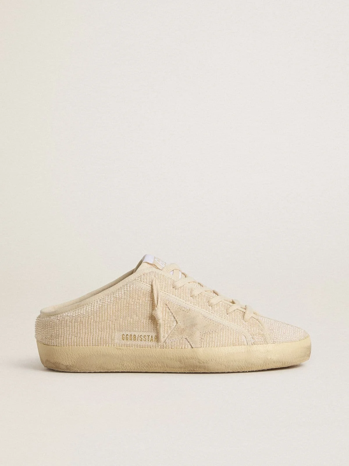 Women's Super-Star Sabot in beige canvas with embroidered beads and beige suede star - 1