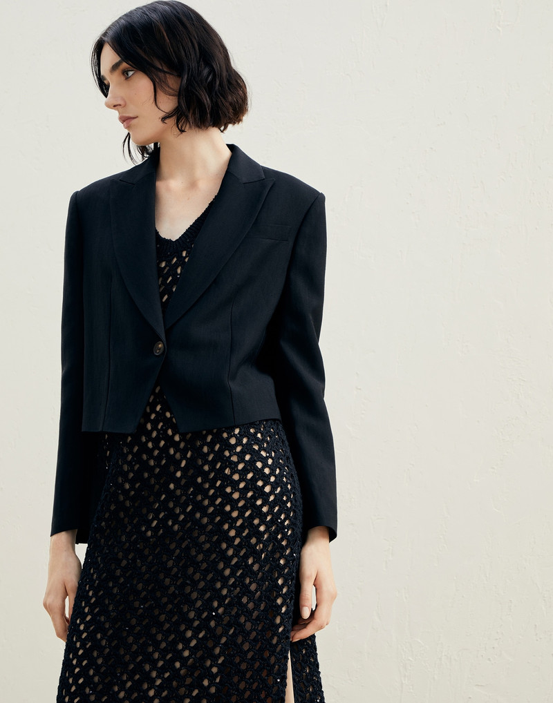 Viscose and linen fluid twill cropped blazer with monili 1