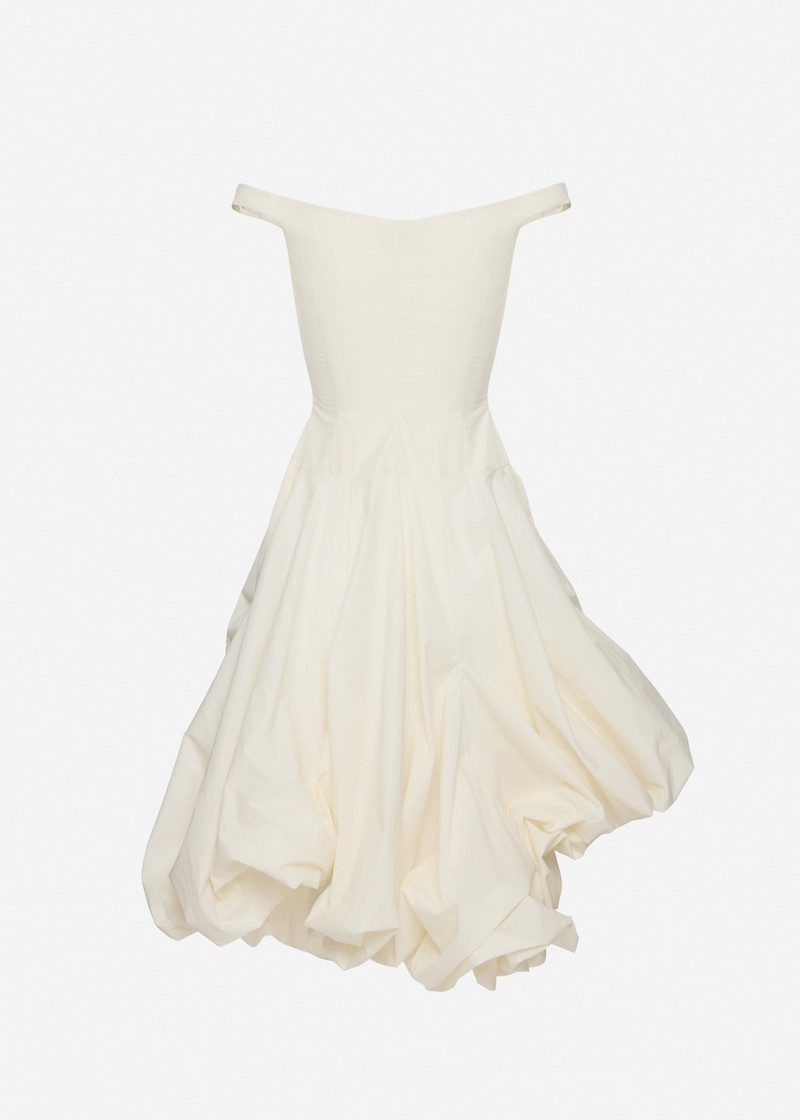 Off-shoulder maxi dress with adjustable skirt in cream 2