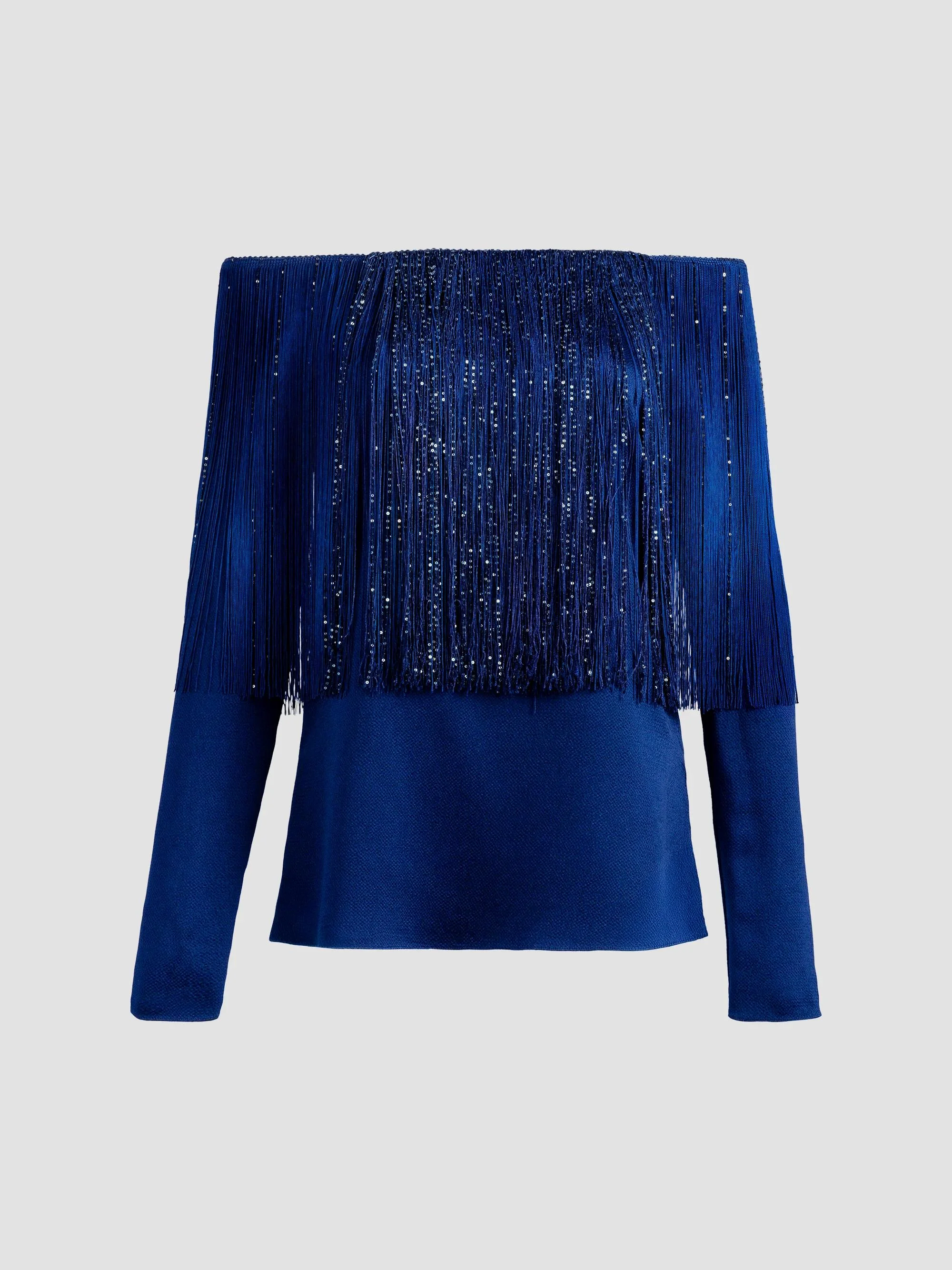 Women's Belinda Metallic Fringe Off-the-Shoulder Blouse - Navy - 1