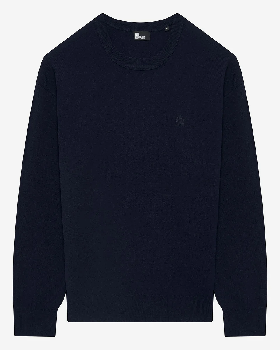 ROUND-NECK SWEATER IN NAVY DOUBLE-FACED WOOL - 1