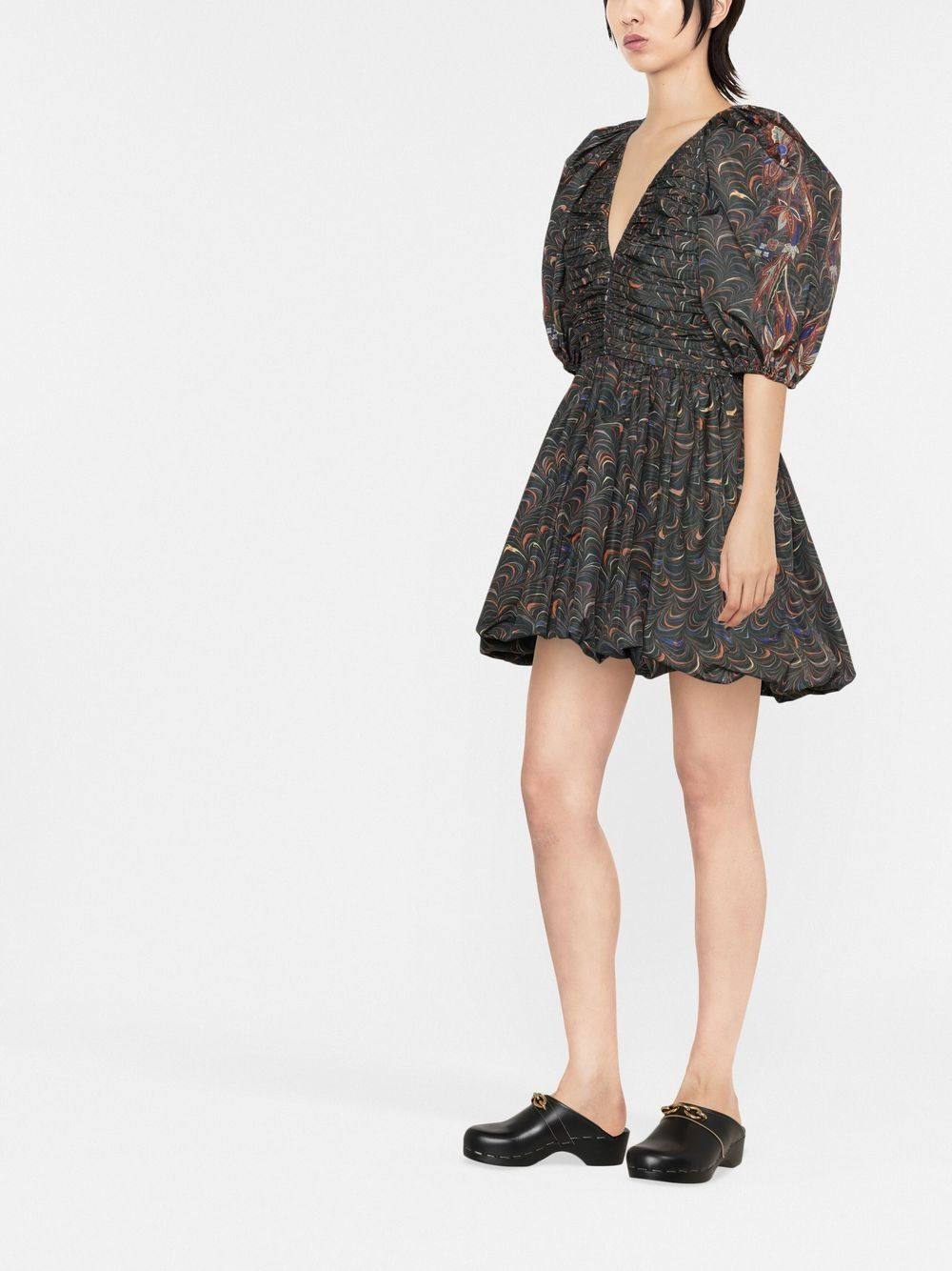 marbled puff-sleeve ruched dress - 3