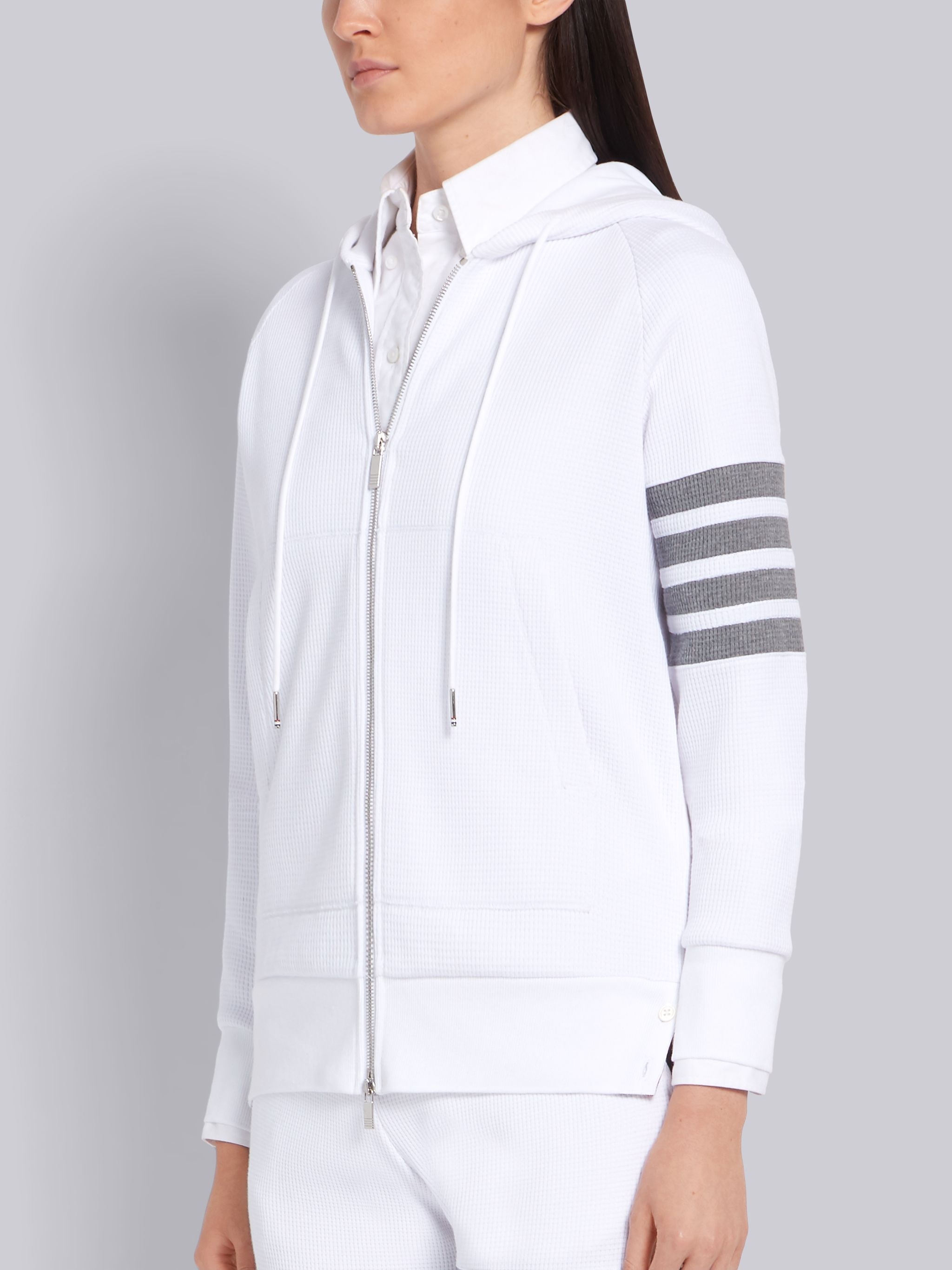 White Waffle Zip-Up 4-Bar Hoodie - 2