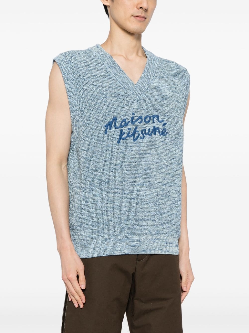 embroidered-logo V-neck cotton vest - 3
