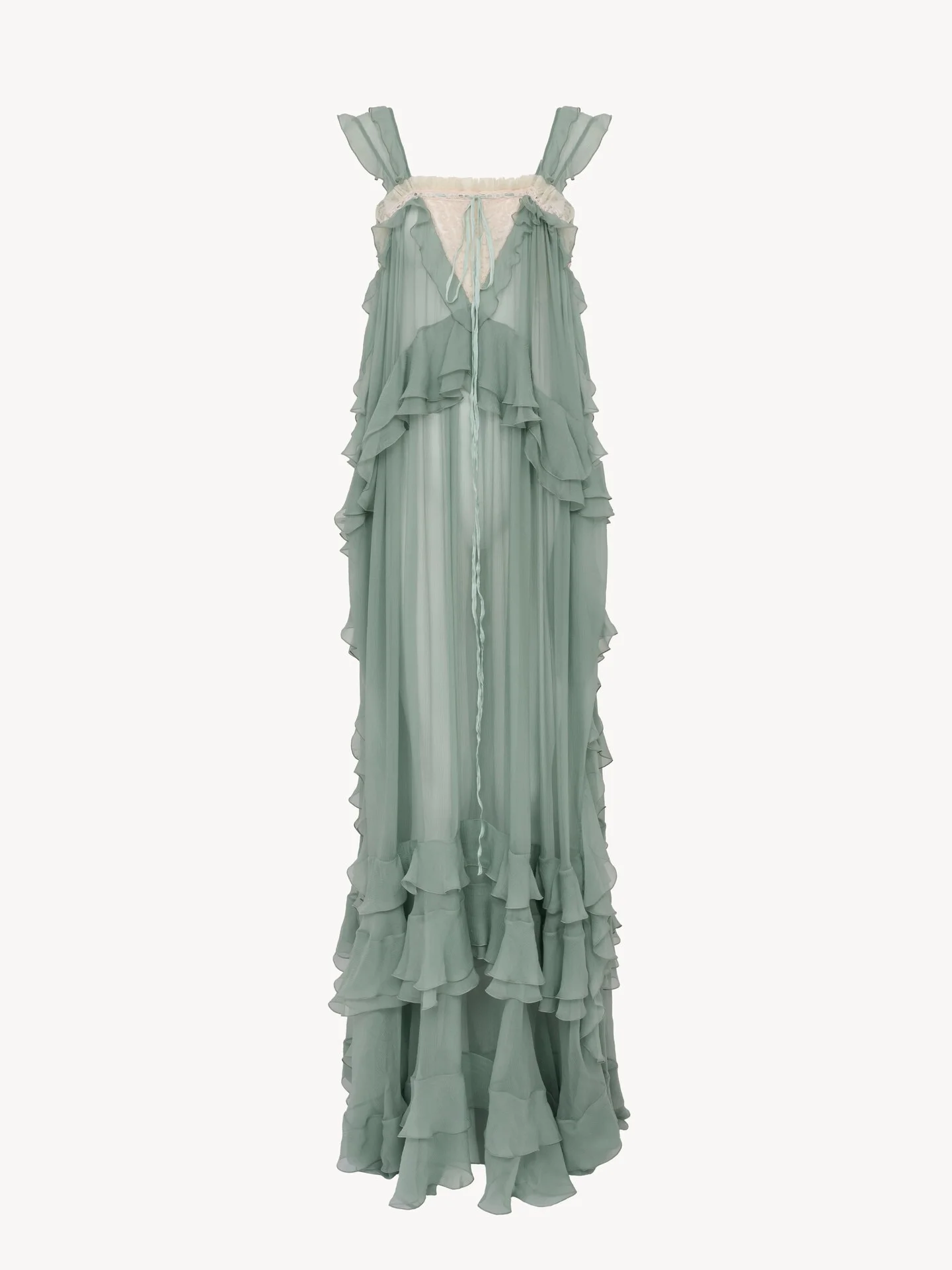 SLEEVELESS LAYERED LONG DRESS IN SILK MOUSSELINE & LACE - 1