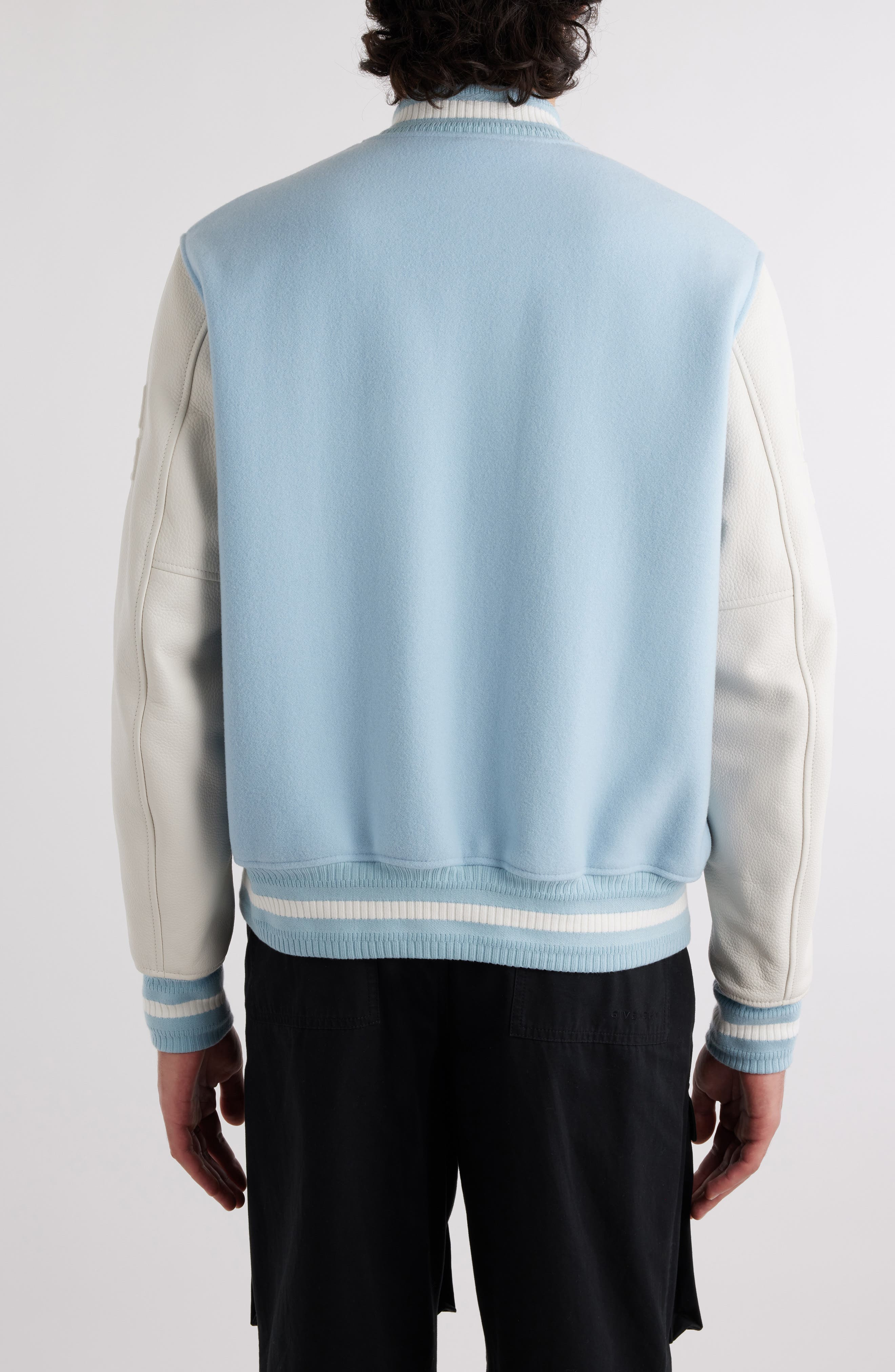 Givenchy Embroidered Logo Mixed Media Leather & Wool Blend Varsity Jacket in White/Sky Blue at Nords - 2