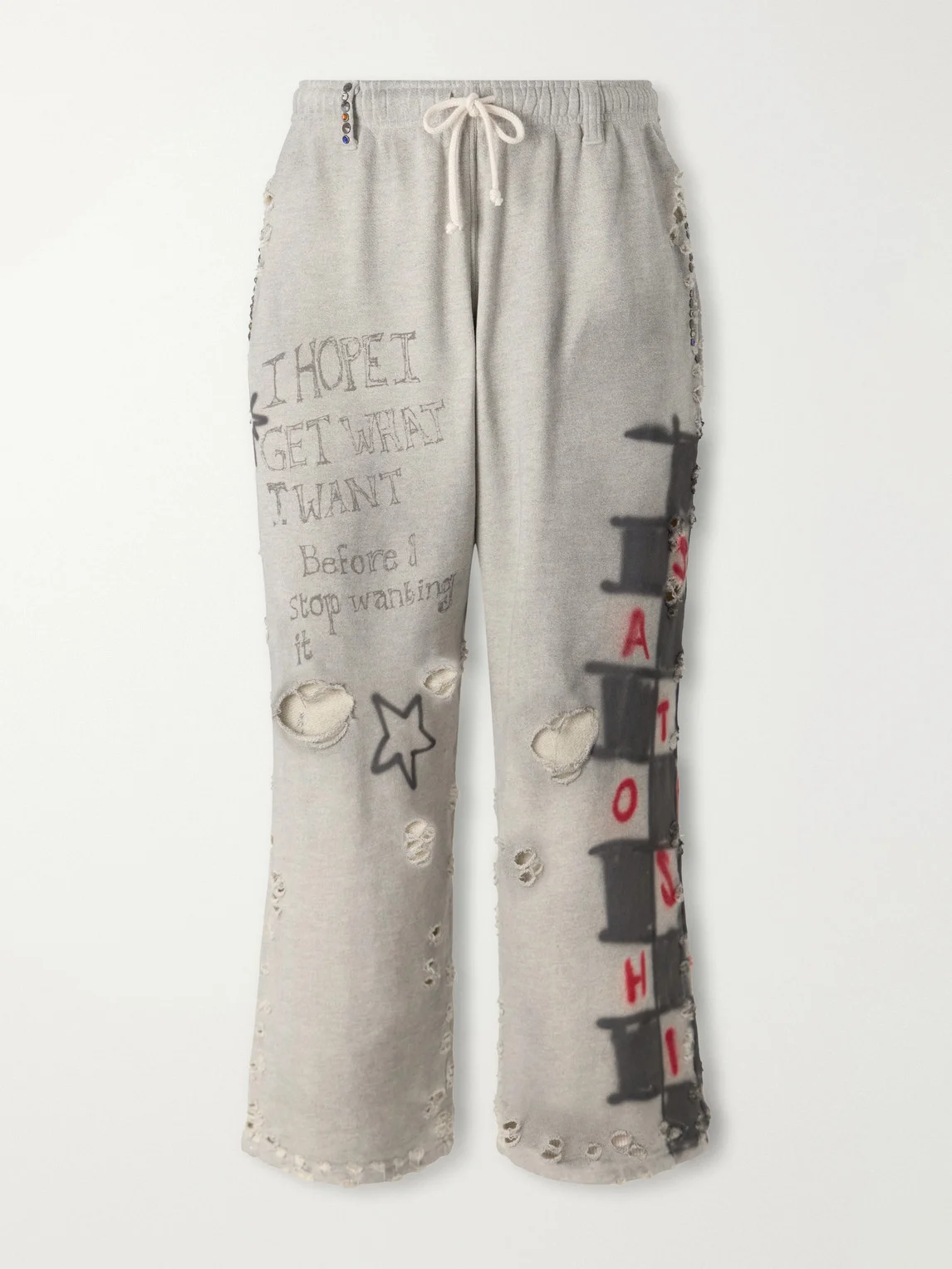 Get What I Want Printed Embellished Distressed Cotton-Jersey Sweatpants - 1