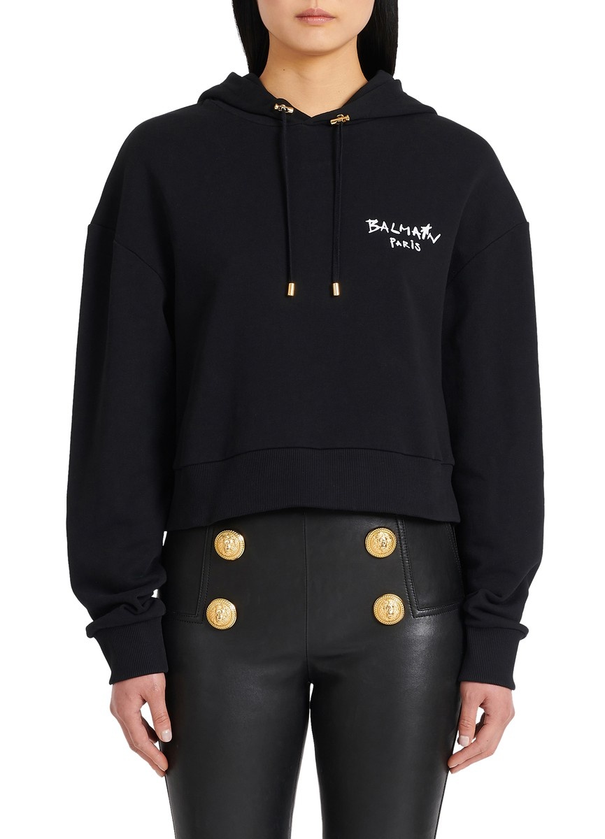 Balmain Cropped eco-design cotton sweatshirt with flocked graffiti