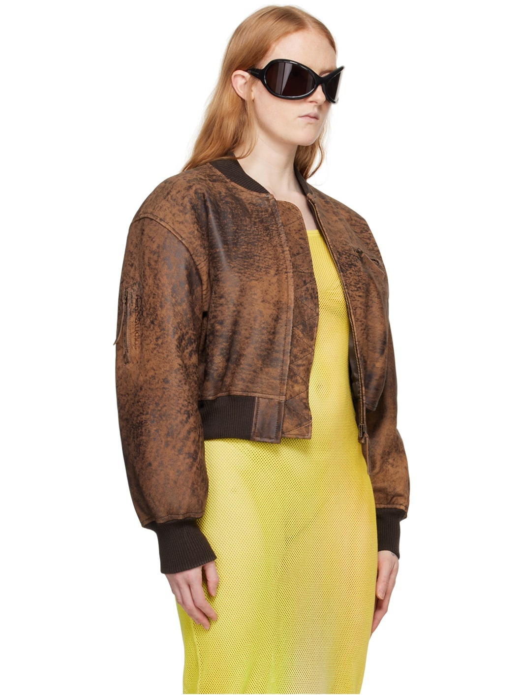 Brown Cropped Leather Bomber Jacket - 2