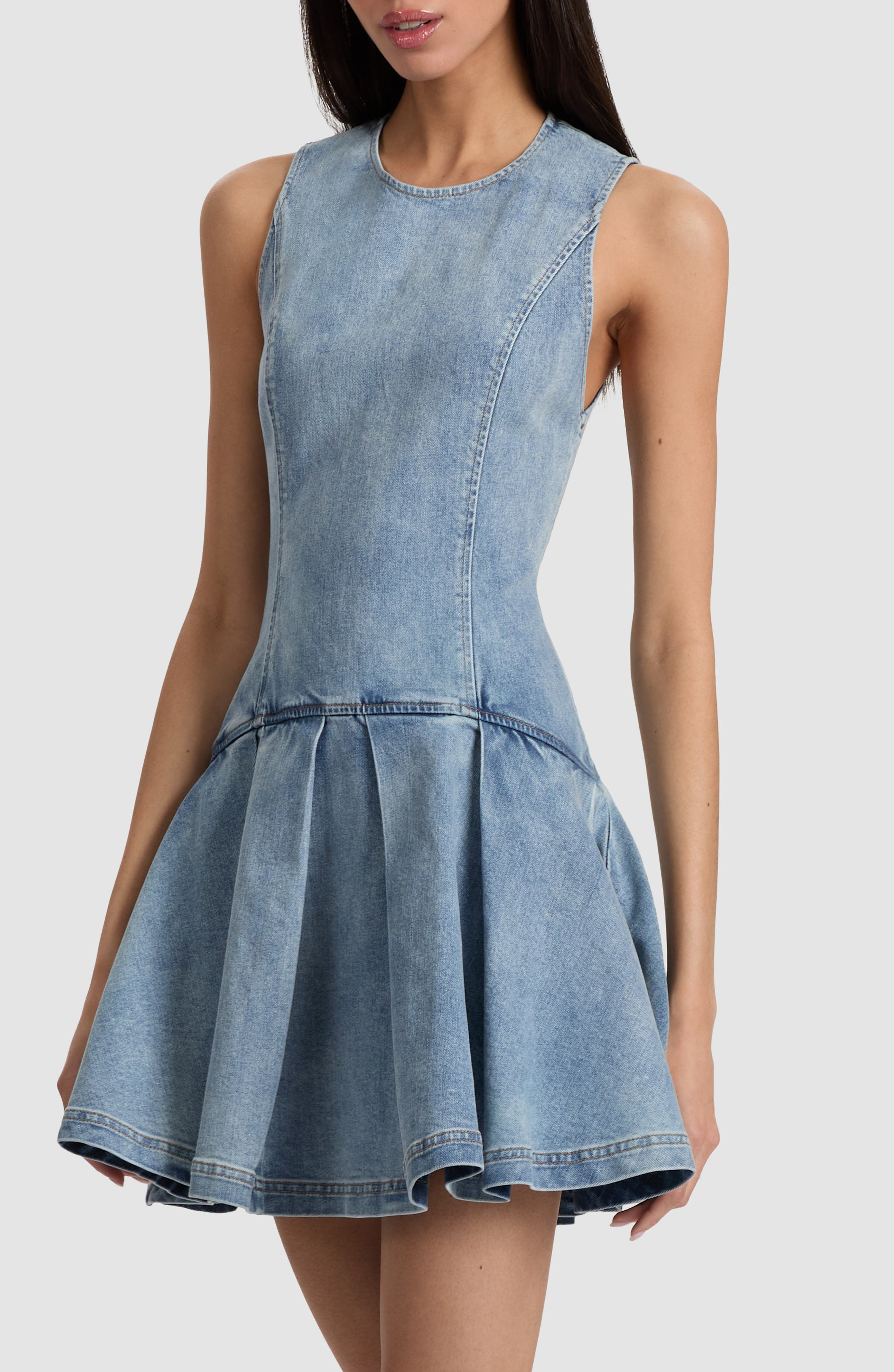Alice + Olivia Adley Pleated Drop Waist Denim Minidress in Anabell Blue at Nordstrom - 3