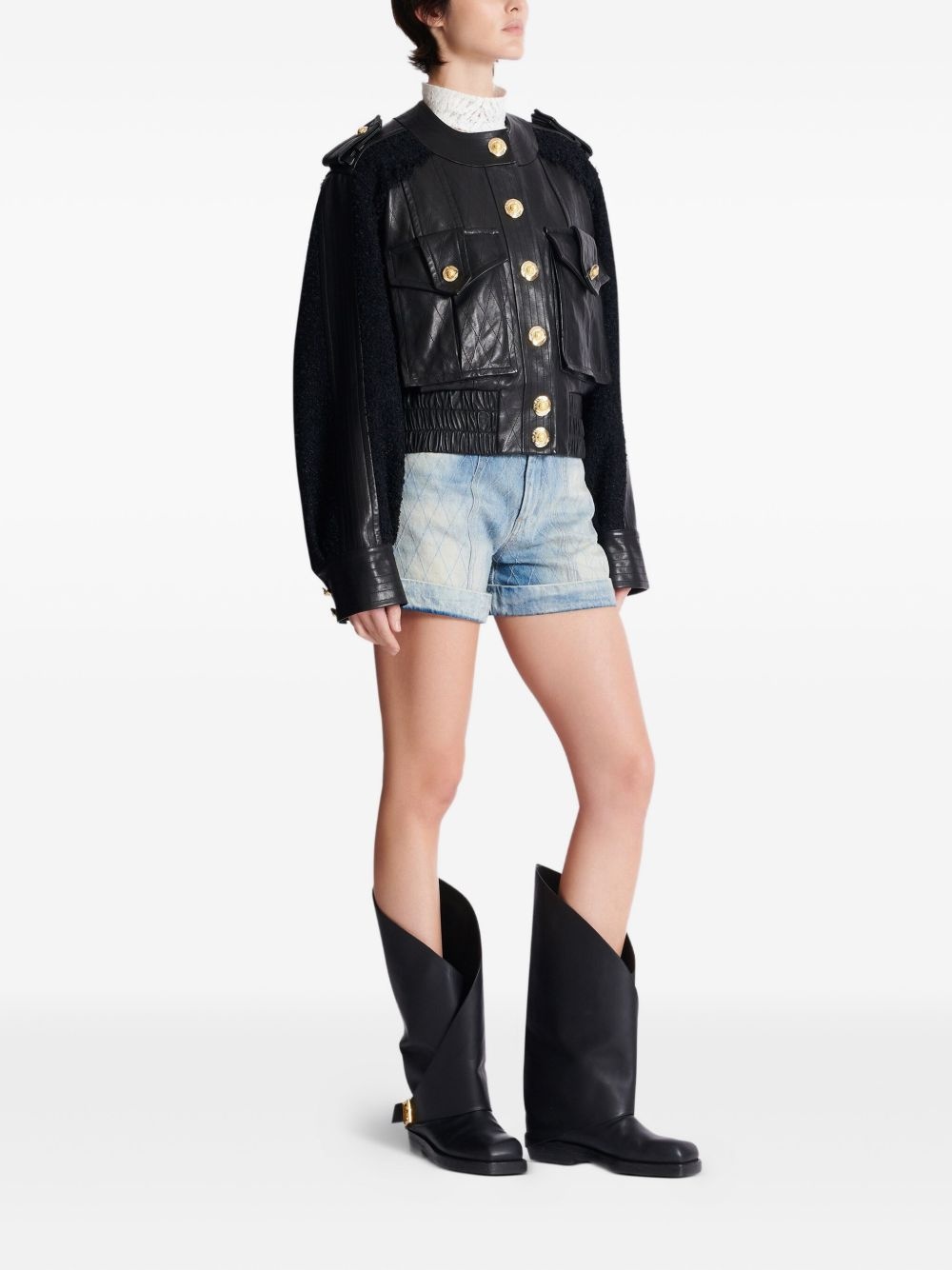 tweed-panel leather bomber jacket - 3