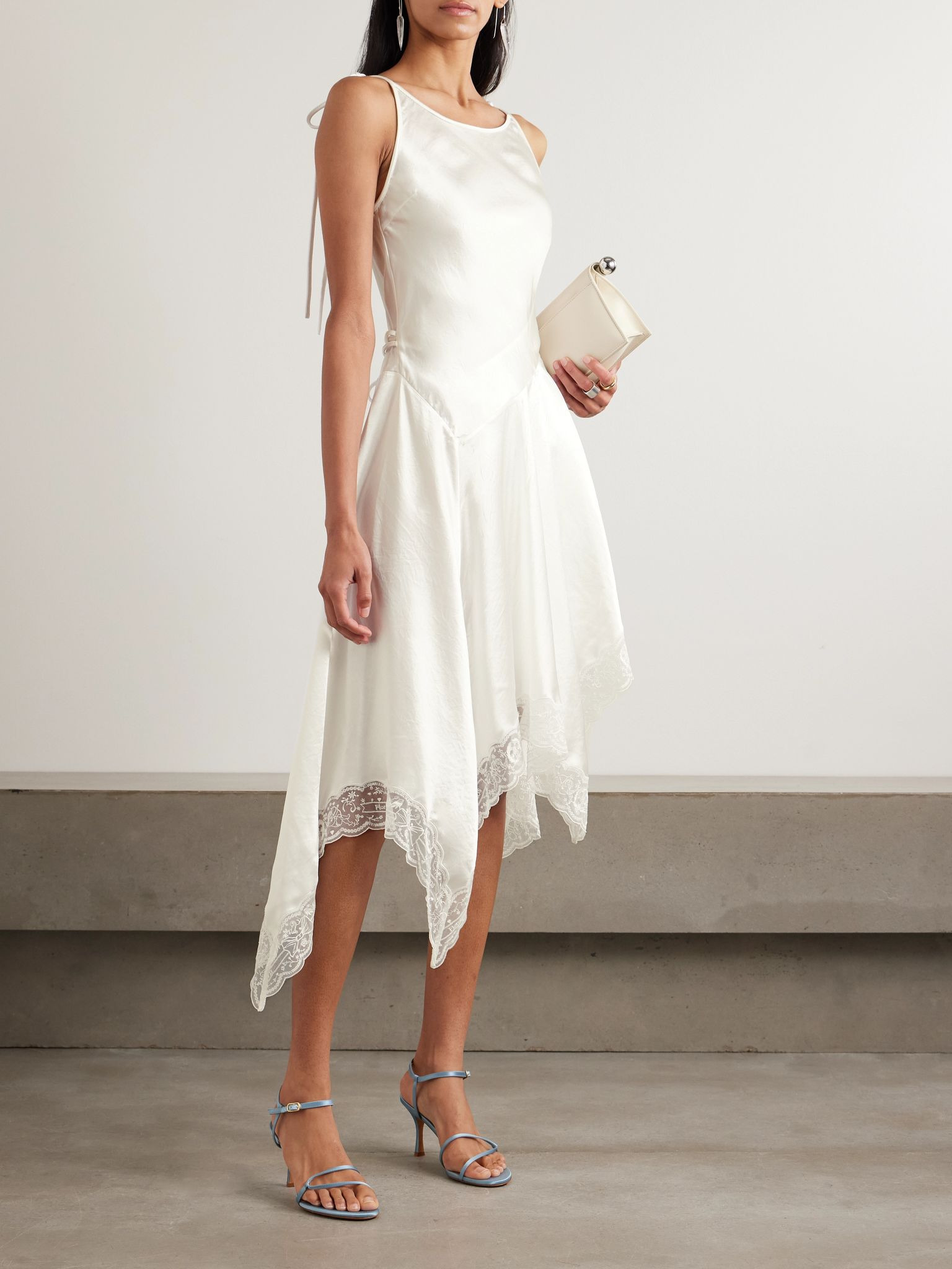 Doyla belted asymmetric scalloped lace-trimmed hammered-satin midi dress White - 2