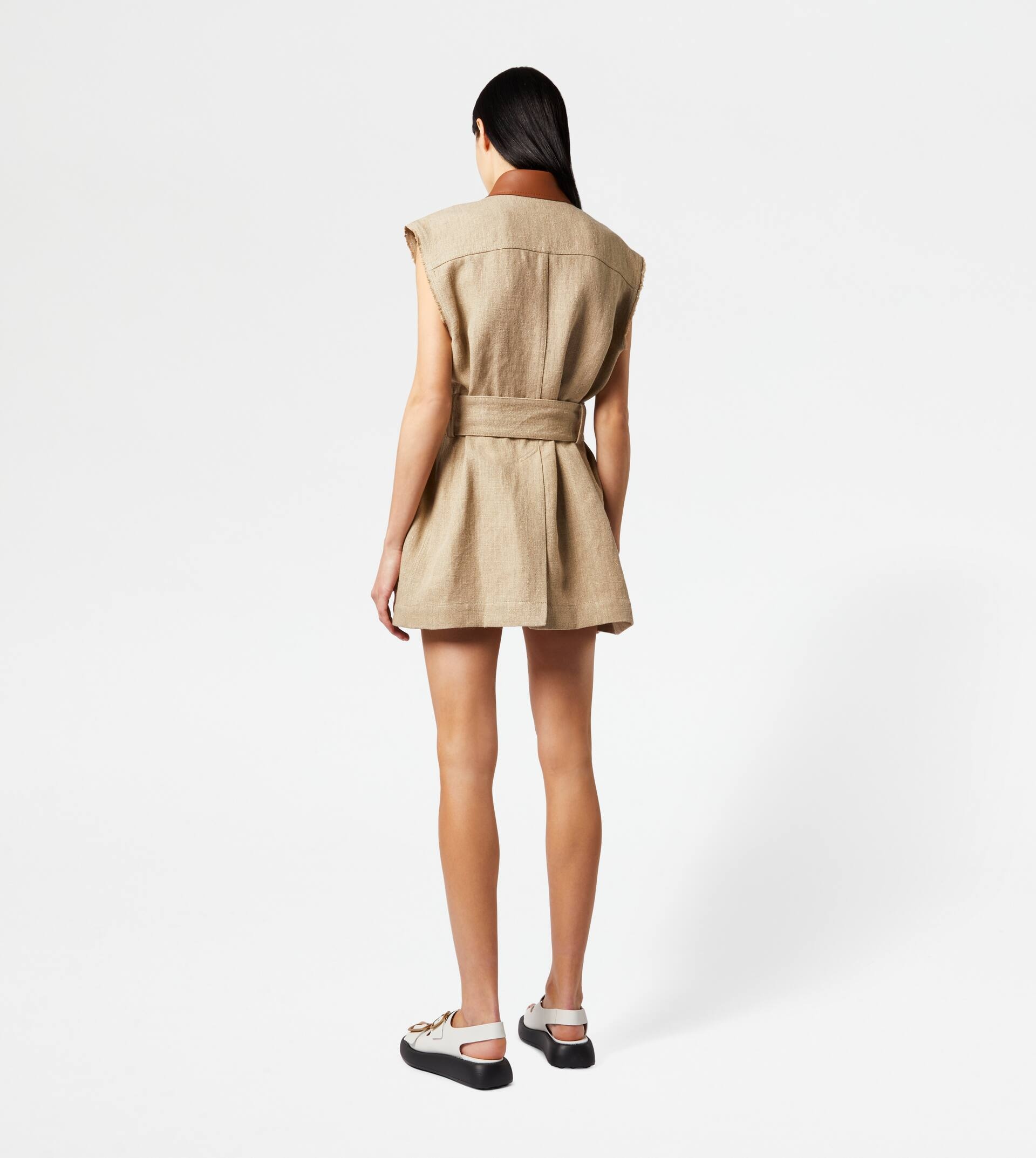 GILET IN LINEN AND LEATHER - BEIGE - 3