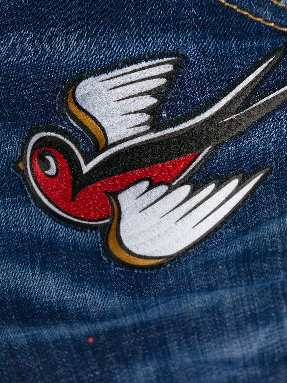 bird embroidery cropped jeans - 7