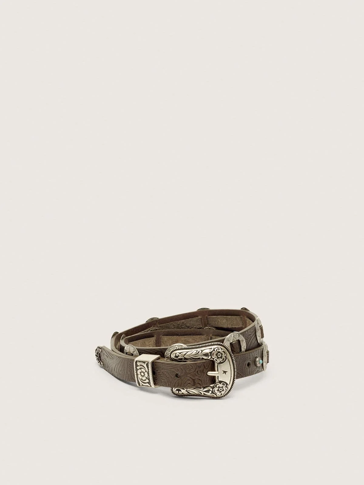 Lace belt in washed brown leather with raised floral pattern and metal inlays - 1
