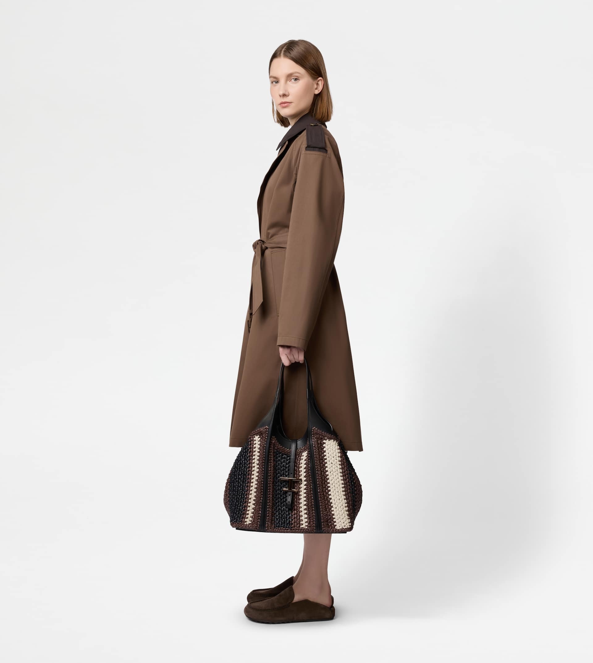 T TIMELESS SHOPPING BAG IN RAFFIA AND LEATHER MEDIUM - BLACK, BROWN, WHITE - 8