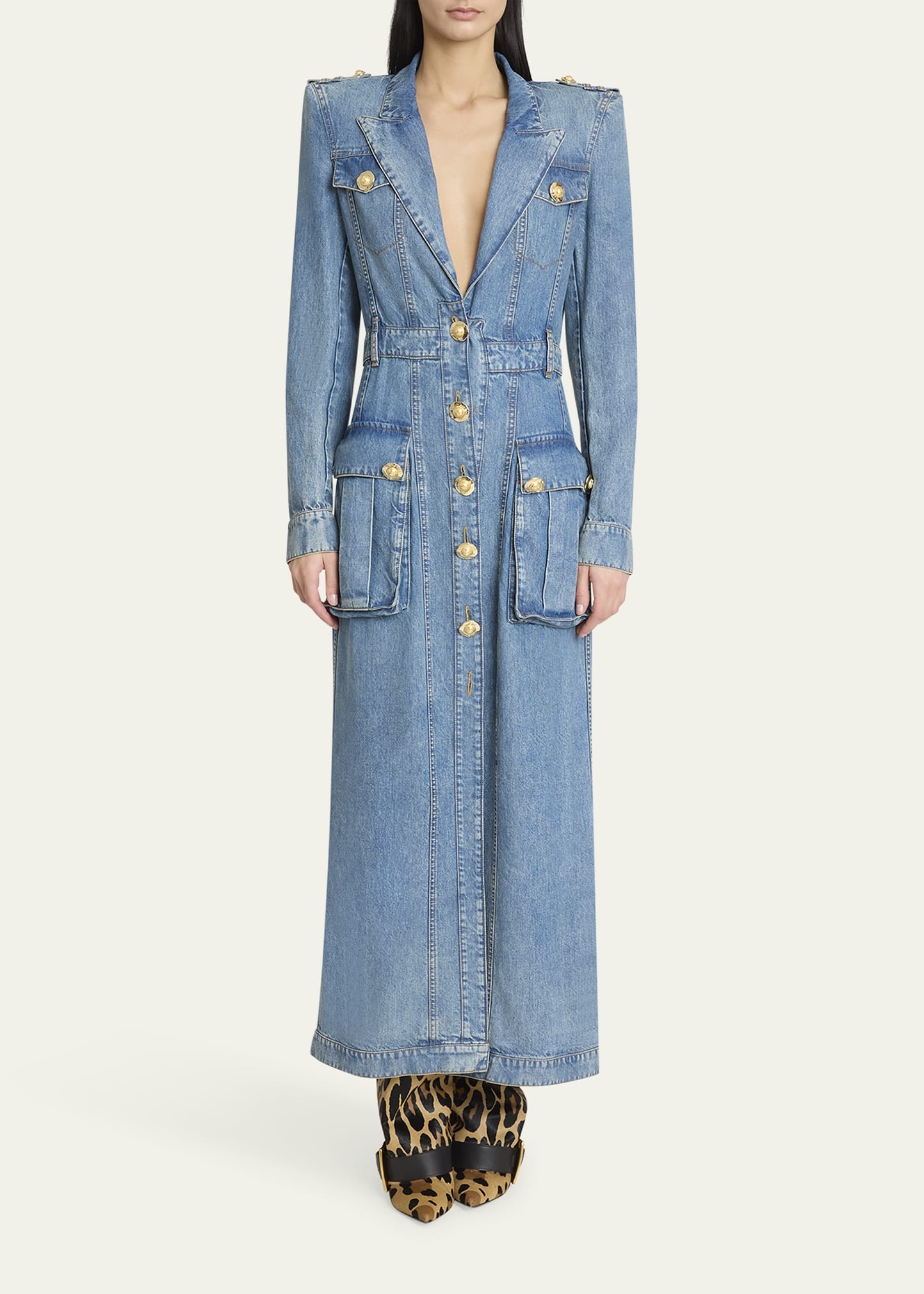Belted Pocket Detail V-Neck Denim Midi Dress - 2