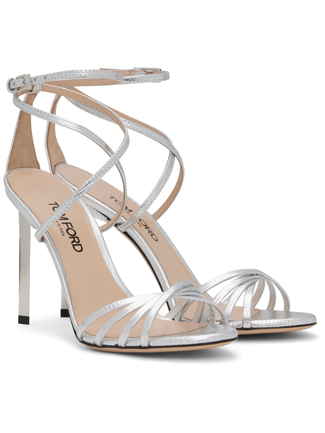 Silver Laminated Printed Lizard Ida Heeled Sandals - 4