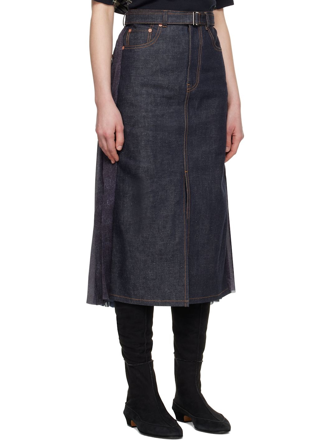 Navy Paneled Denim Midi Skirt - 2