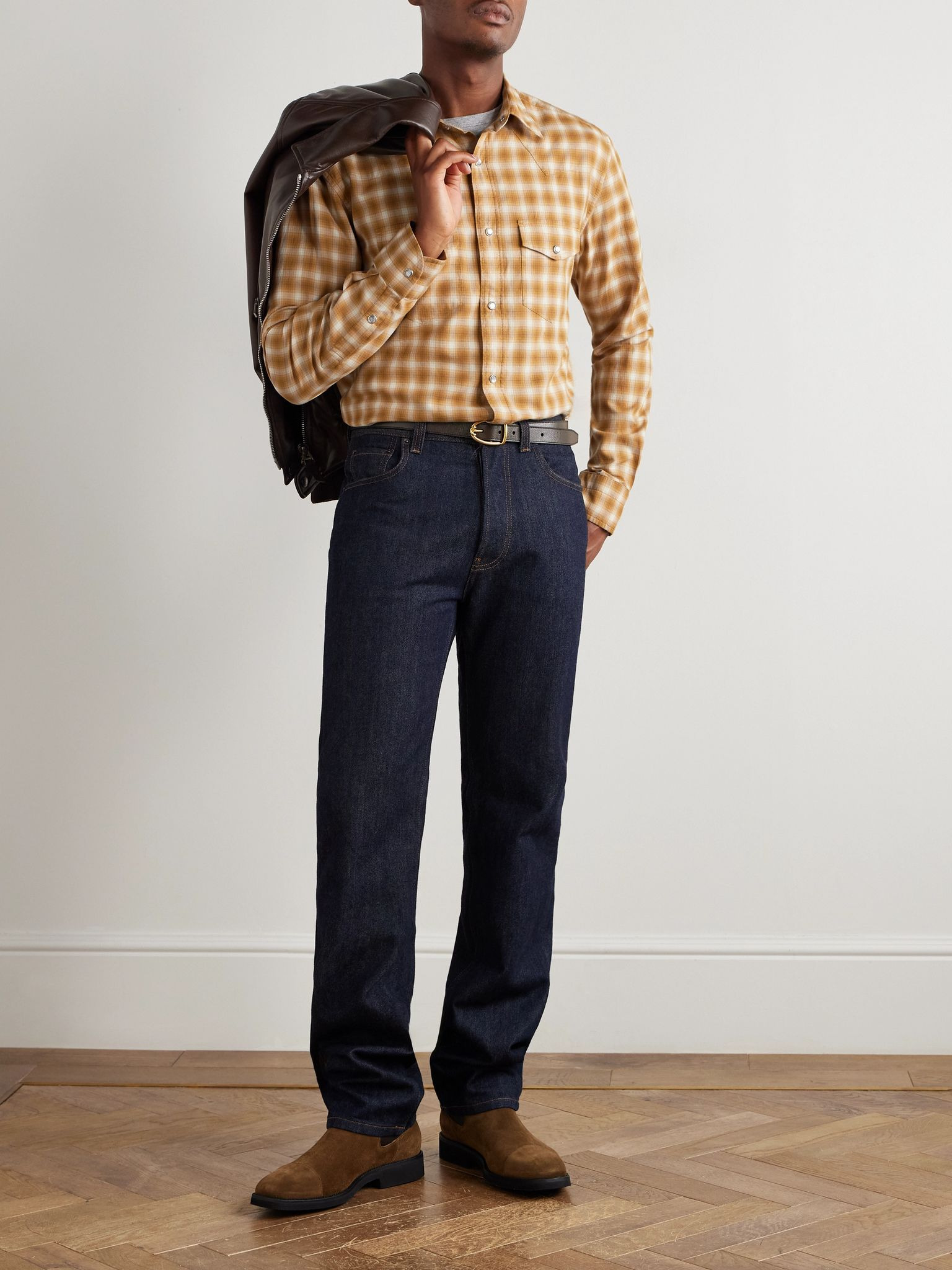 Slim-Fit Checked Cotton-Twill Shirt Yellow - 2