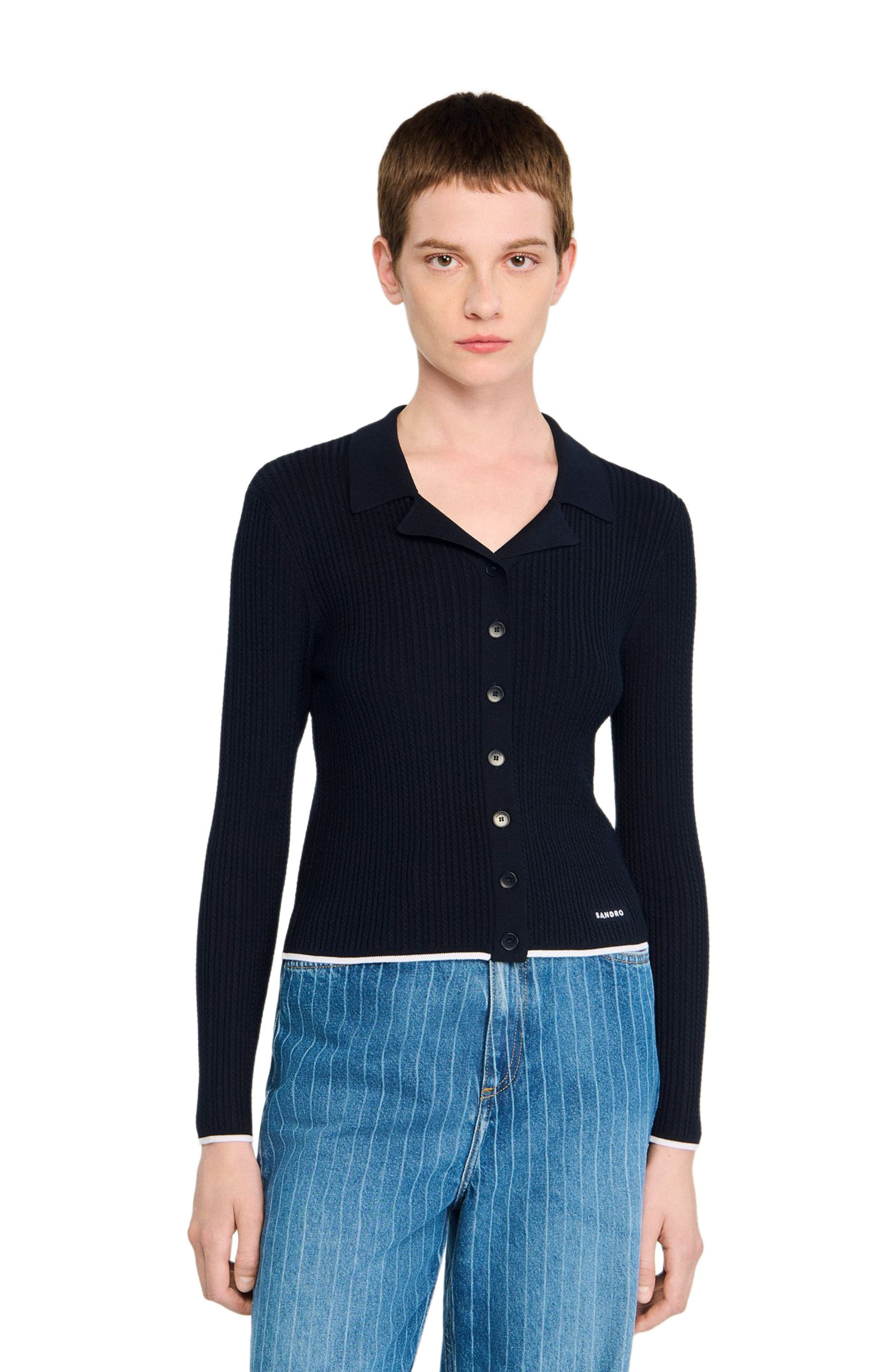 SANDRO Cropped polo collar cardigan in Navy Blue at Nordstrom - 4