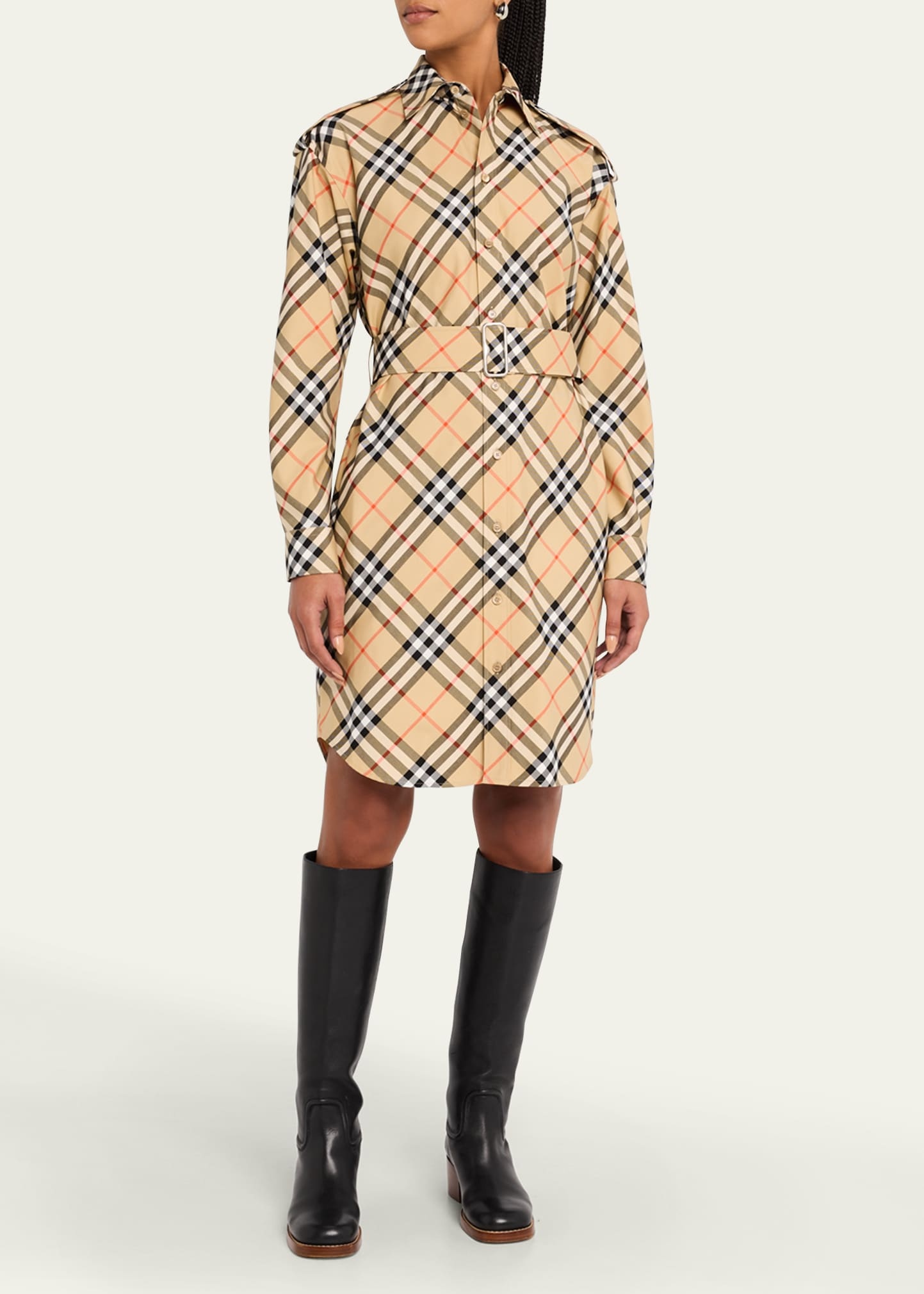Check Belted Long-Sleeve Shirtdress - 4