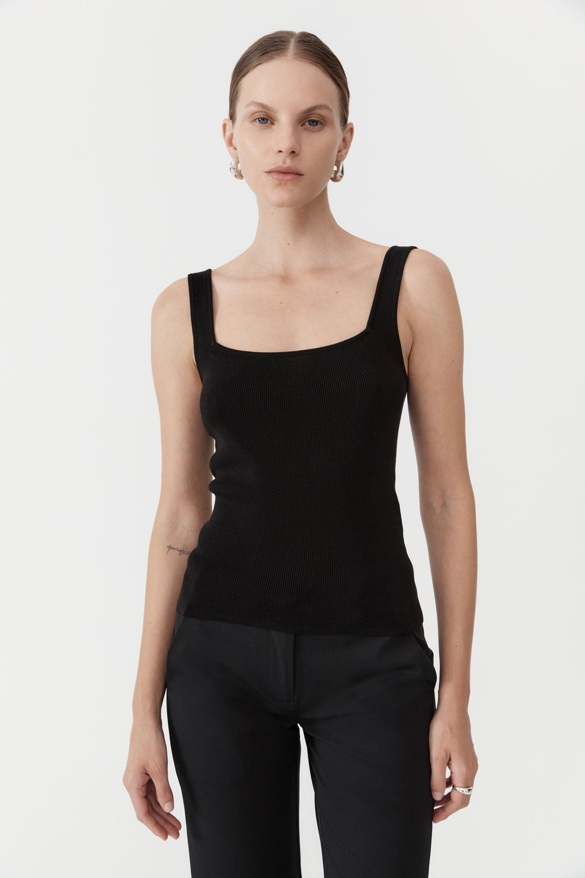 Square Neck Knit Singlet - Black - 2