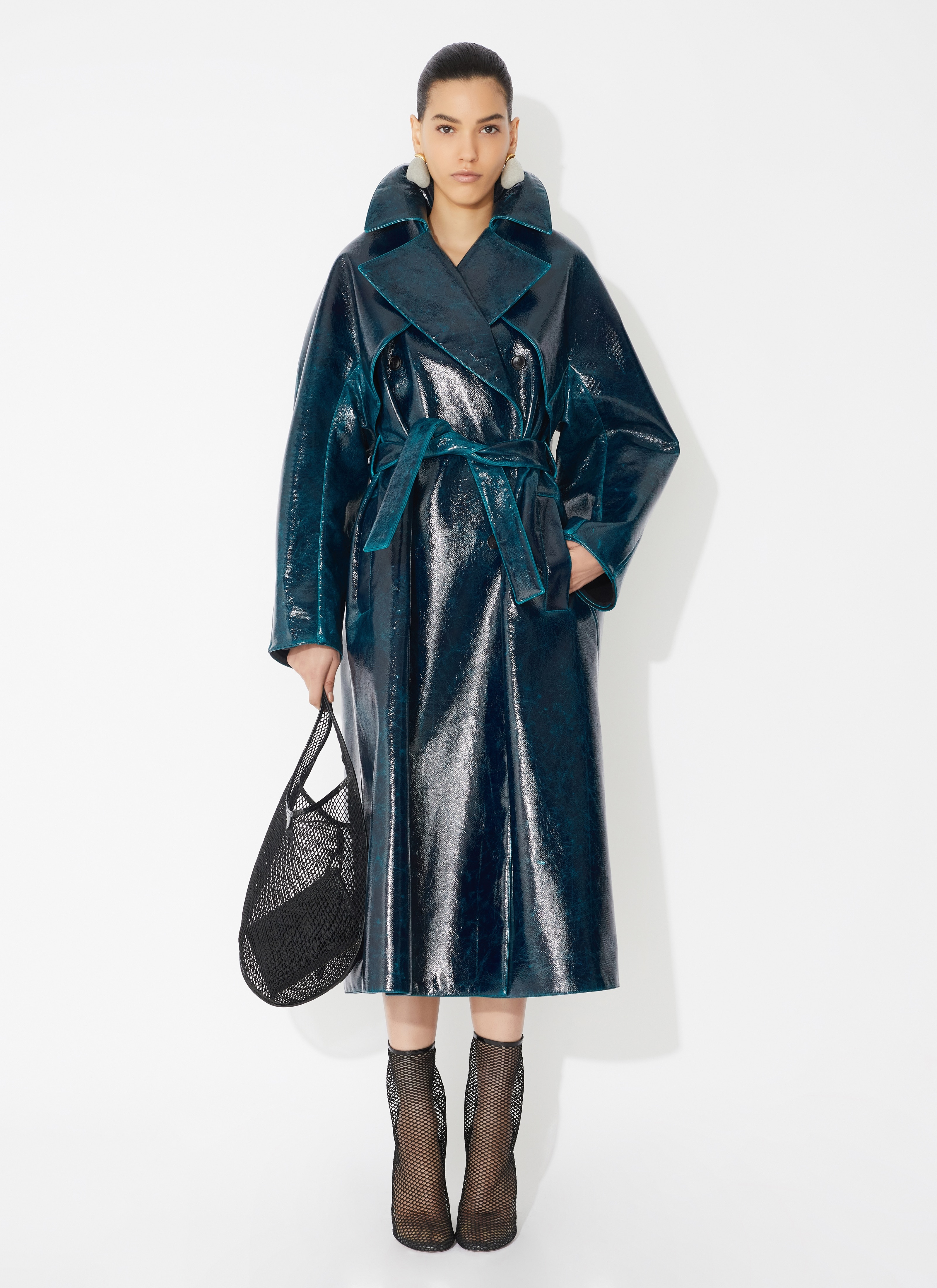 Croc Effect Faux Leather Trench Coat in Black - Alaia