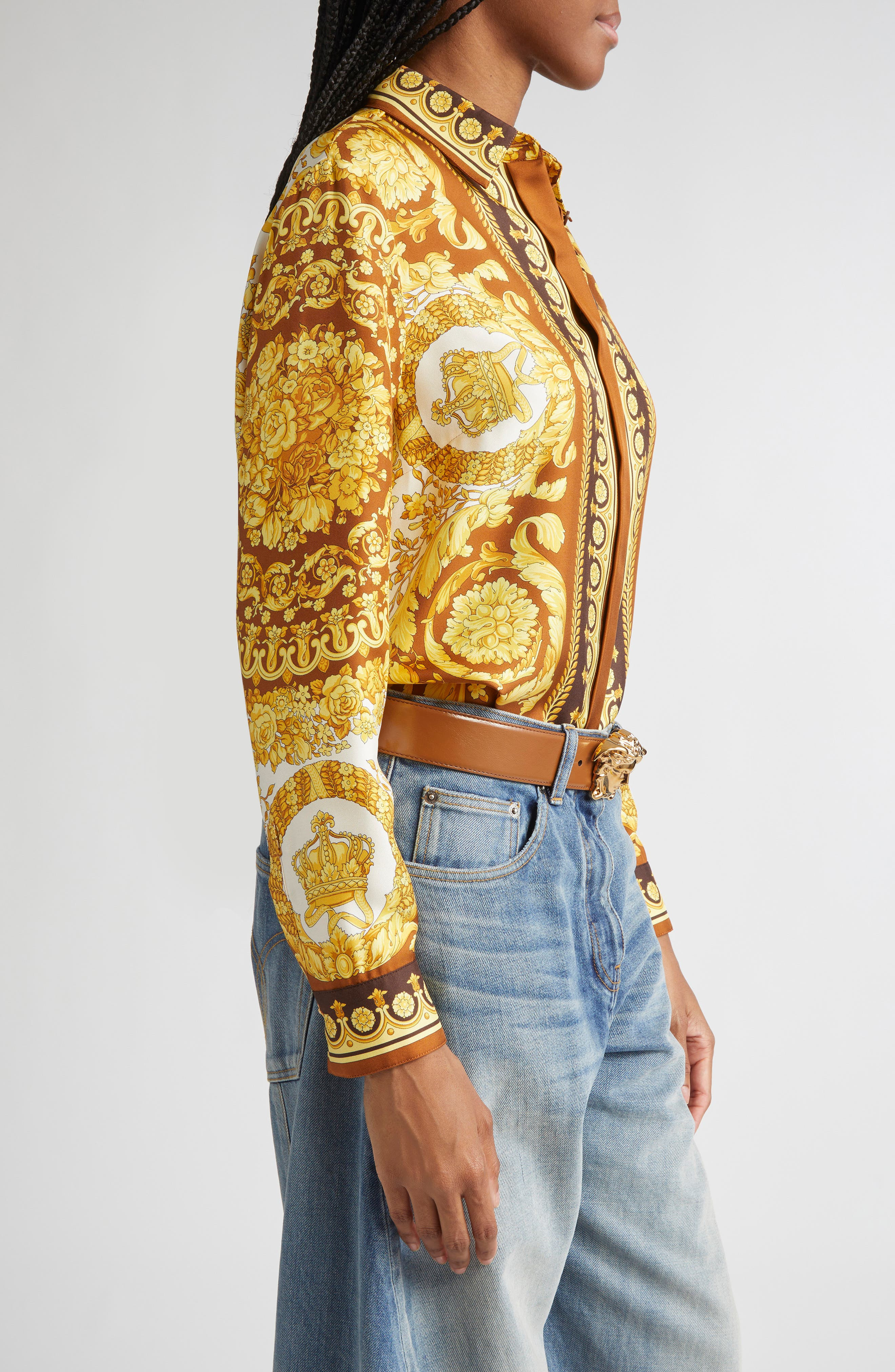 Versace Barocco 92 Silk Twill Button-Up Shirt in Dark Brown Spice at Nordstrom - 4