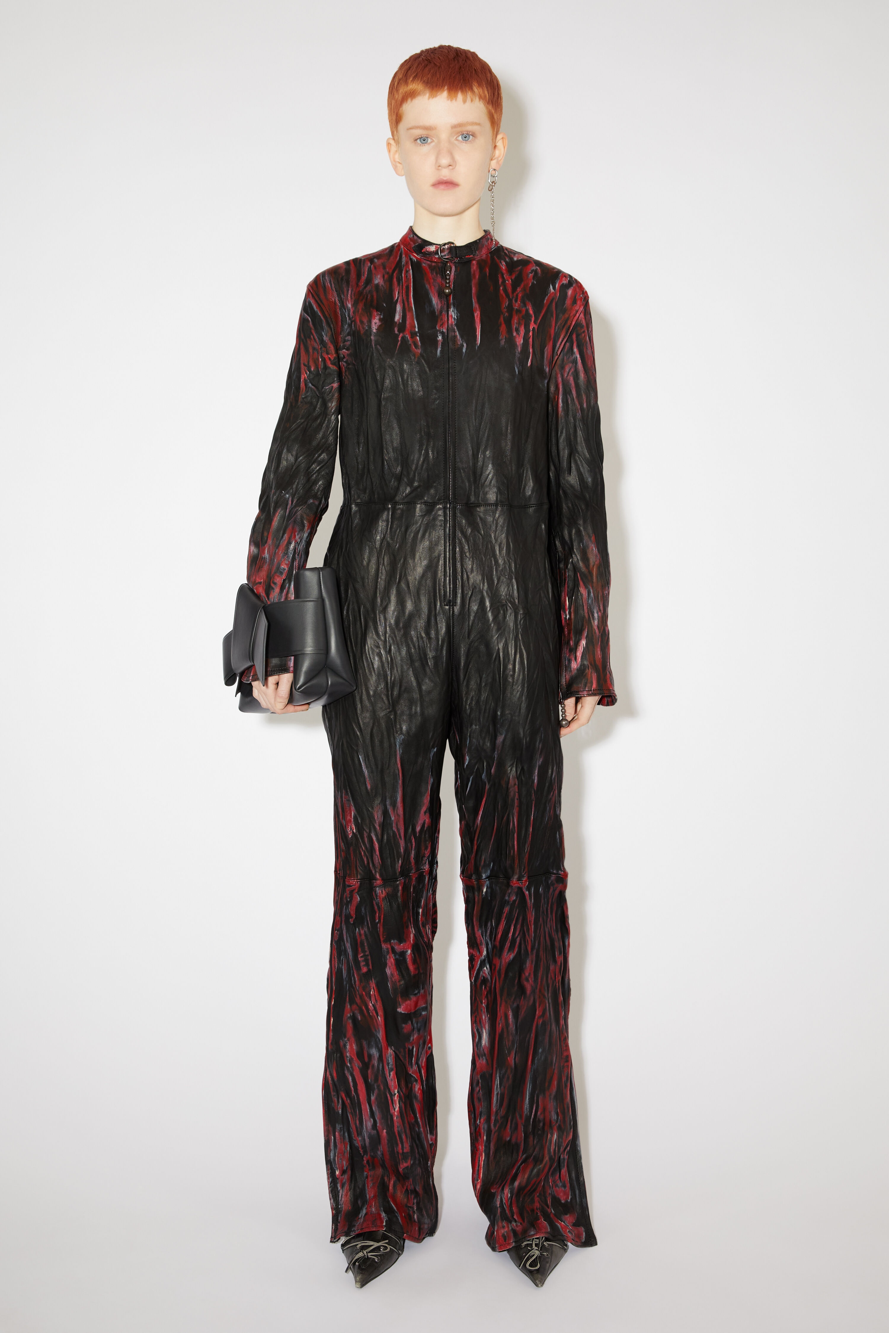 Creased leather jumpsuit - Black/red - 2