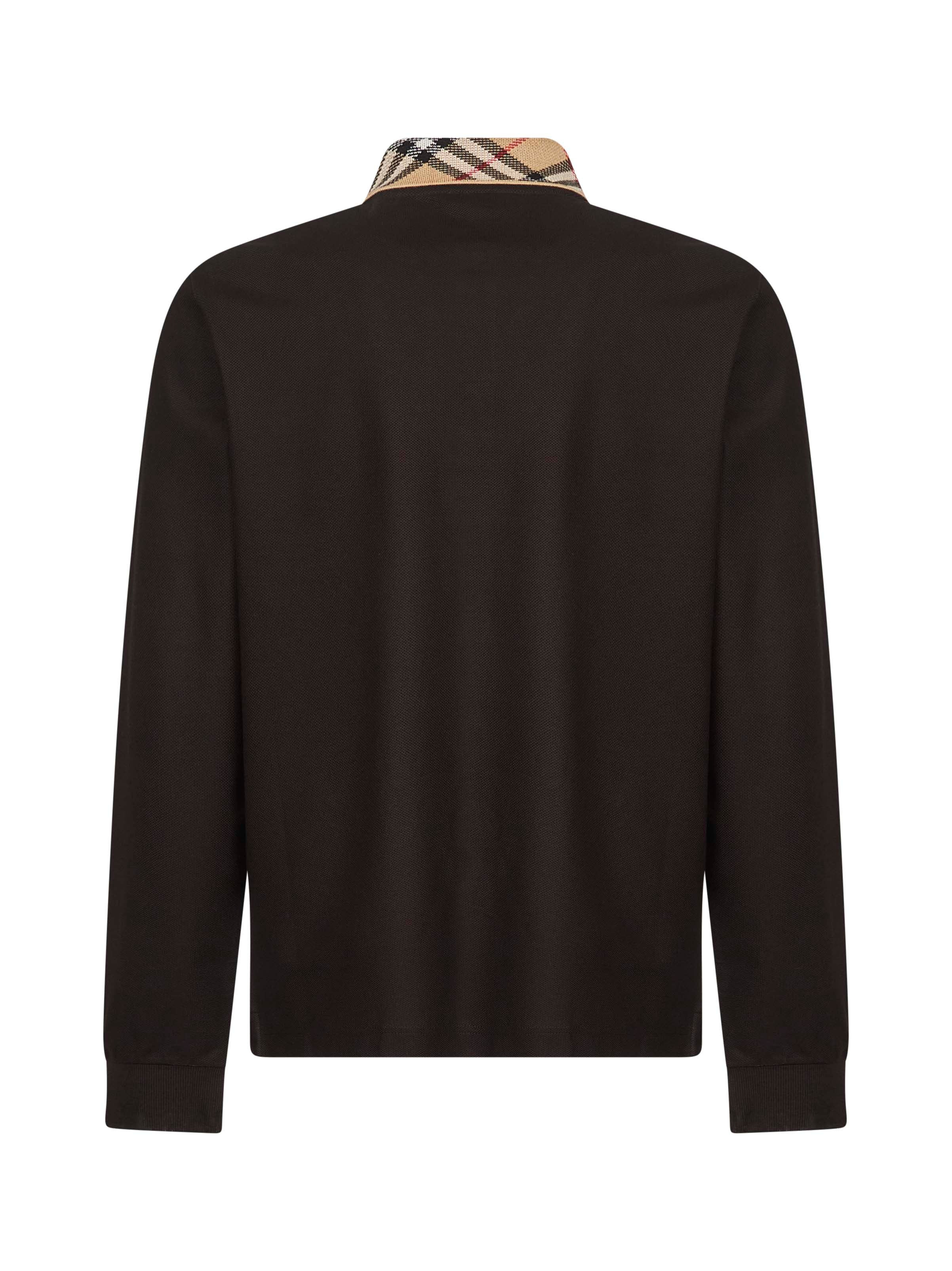 Burberry Men Brown Pique Check Collar Long-Sleeved Polo Shirt - 2