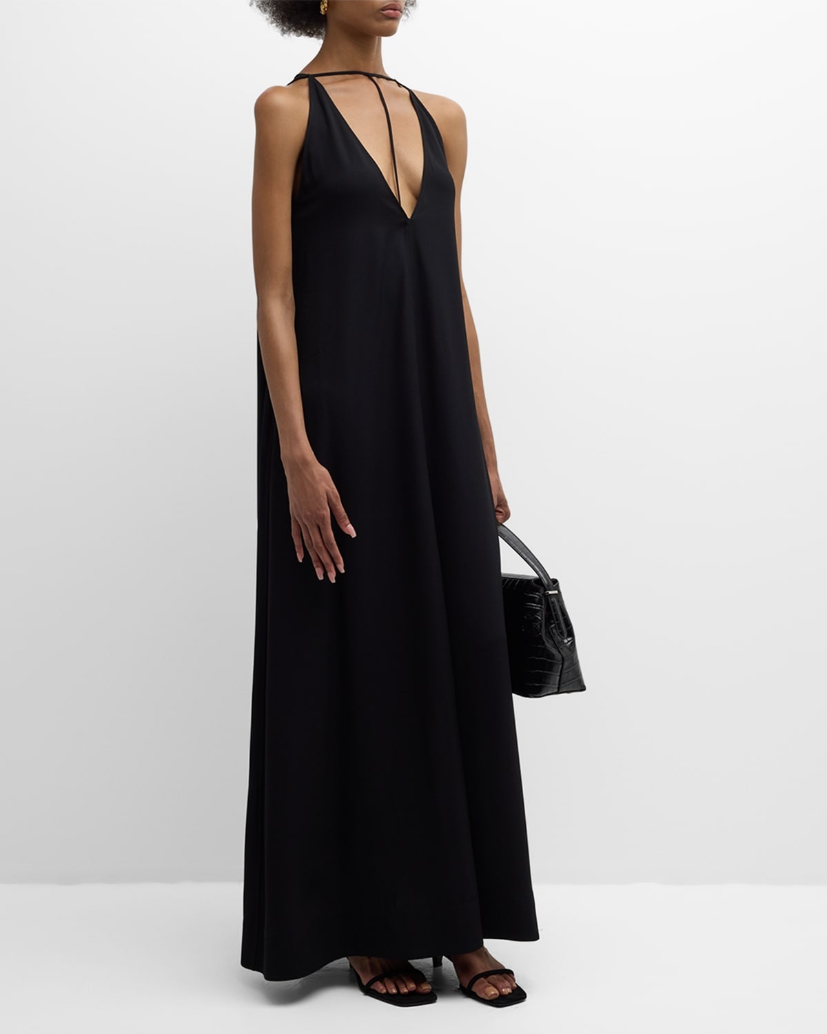 T-Strap Plunging Satin-Back Crepe Maxi Dress - 3