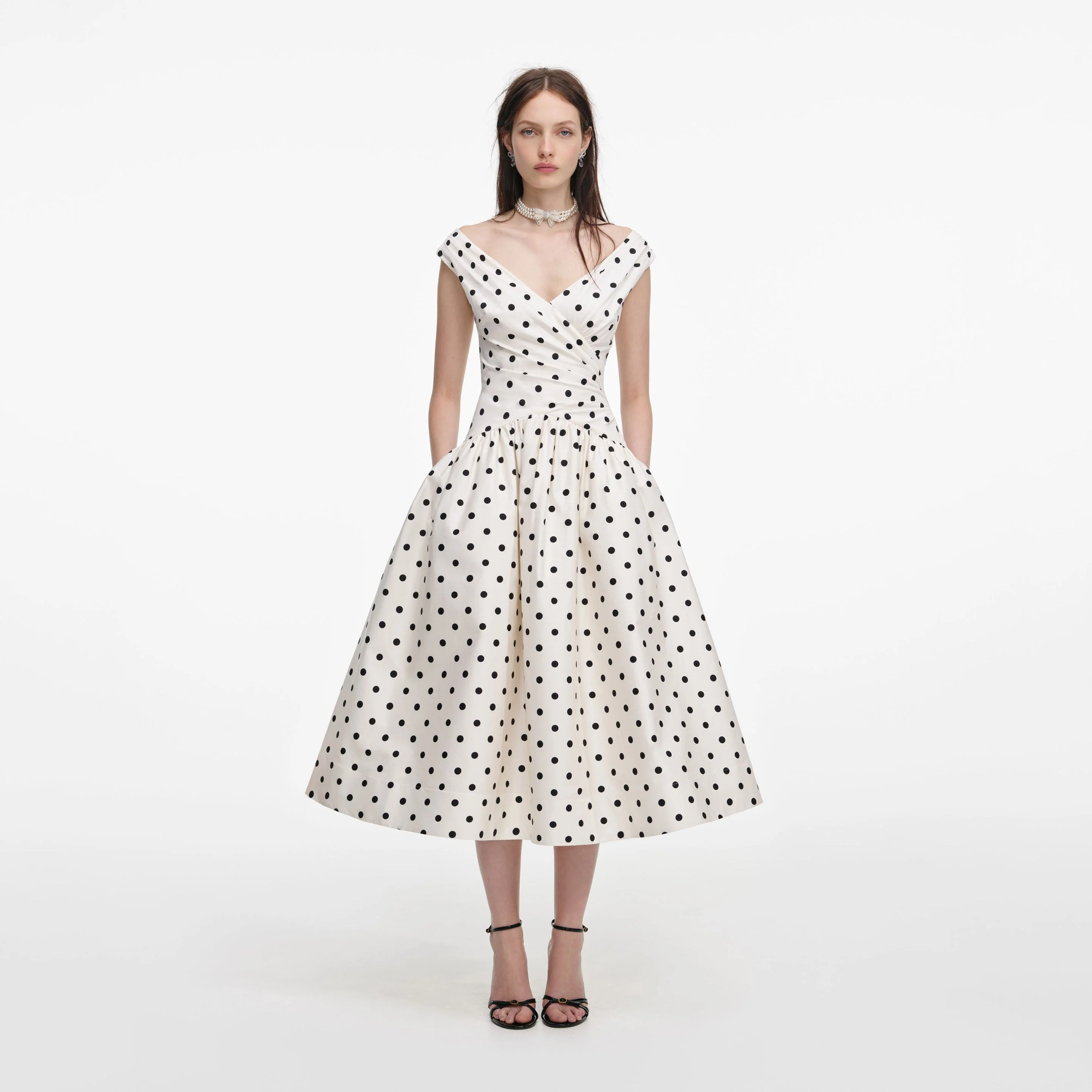 Cream Polka Dot Cotton Midi Dress - 1
