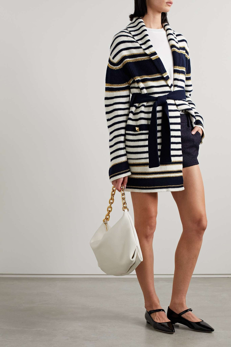 Valentino Belted striped studded metallic intarsia-knit cardigan outlook