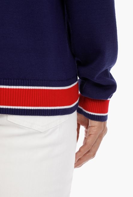 Navy blue cotton sweater with embroidered red and white Balmain logo - 9