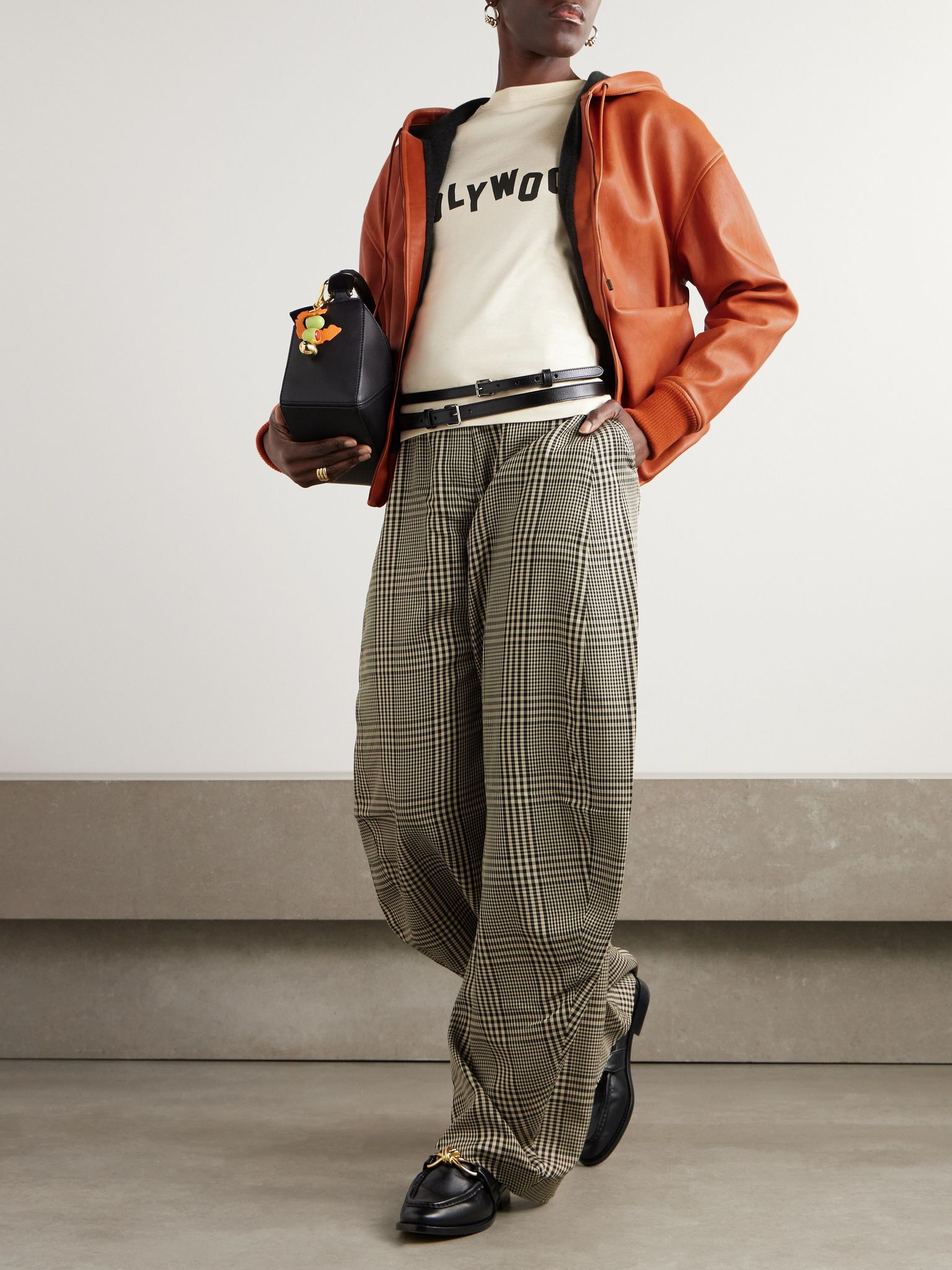 Hooded draped leather jacket Orange - 2