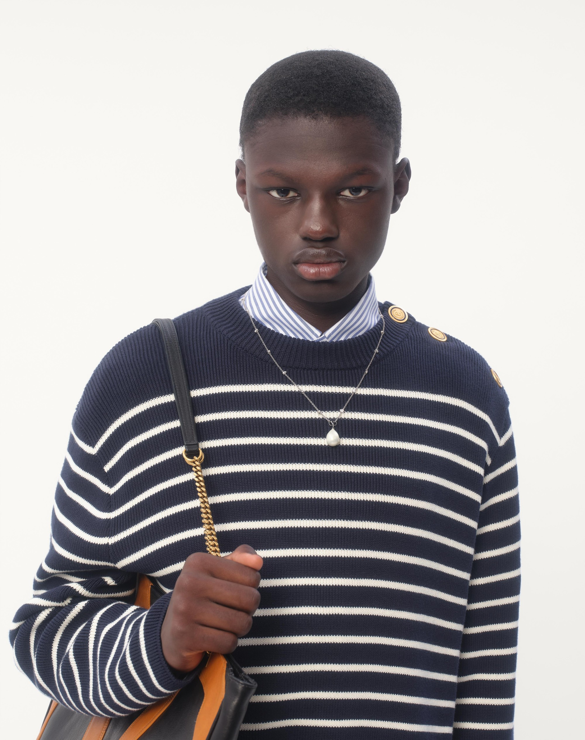 STRIPED COTTON CREWNECK SWEATER WITH BUTTONS ON THE SHOULDER - 5