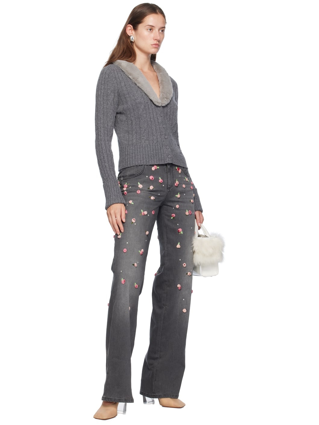 Gray Faux-Fur Collar Cardigan - 4