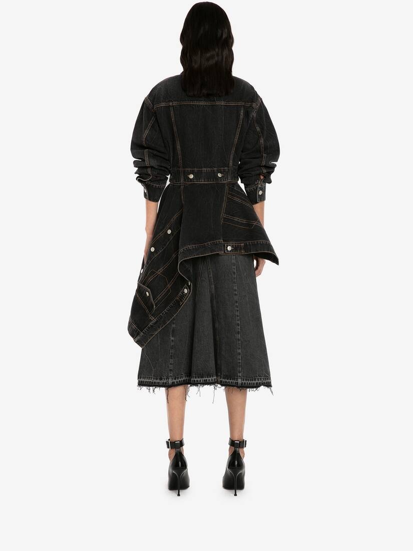 Pieced And Patched Asymmetric Denim Jacket in Stone Washed Black - 4