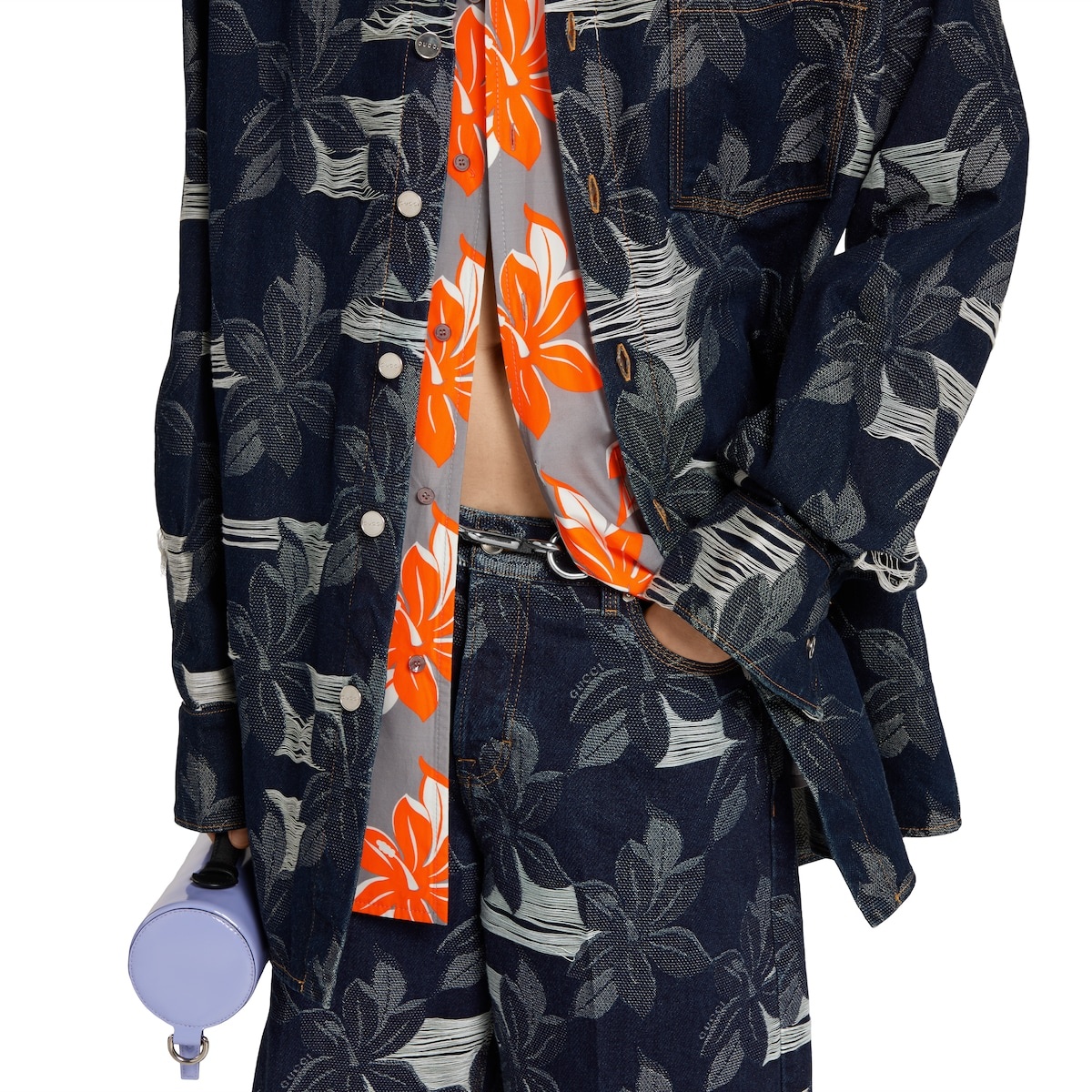 Cotton denim floral jacquard shirt - 5