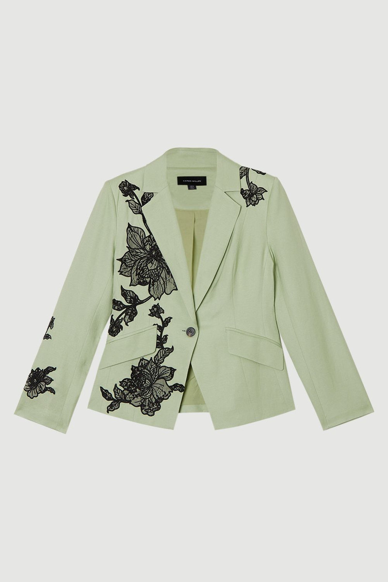 Viscose Linen Placed Floral Lace Embroideried Tailored Jacket 4
