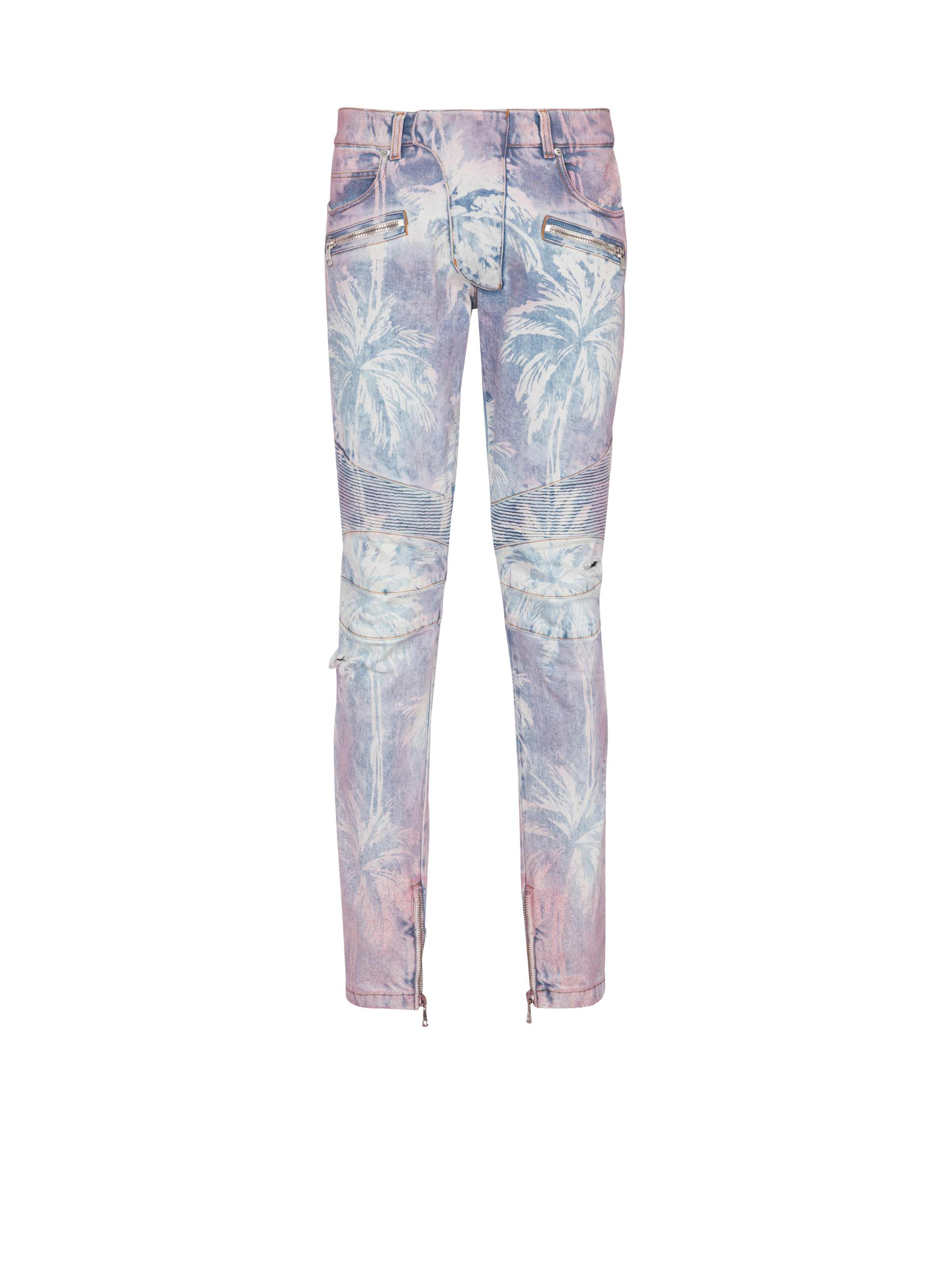 Denim biker jeans with a palm tree print - 1