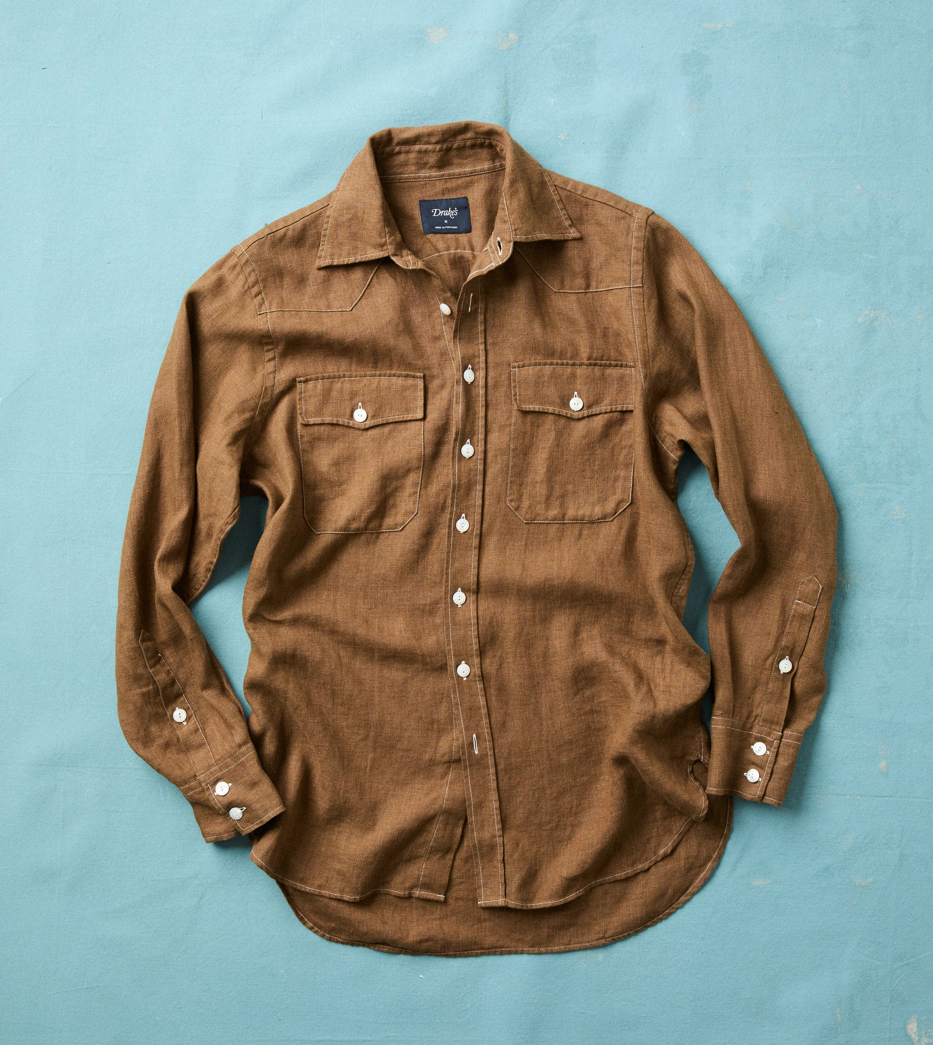 Brown Linen Two-Pocket Western Shirt - 1