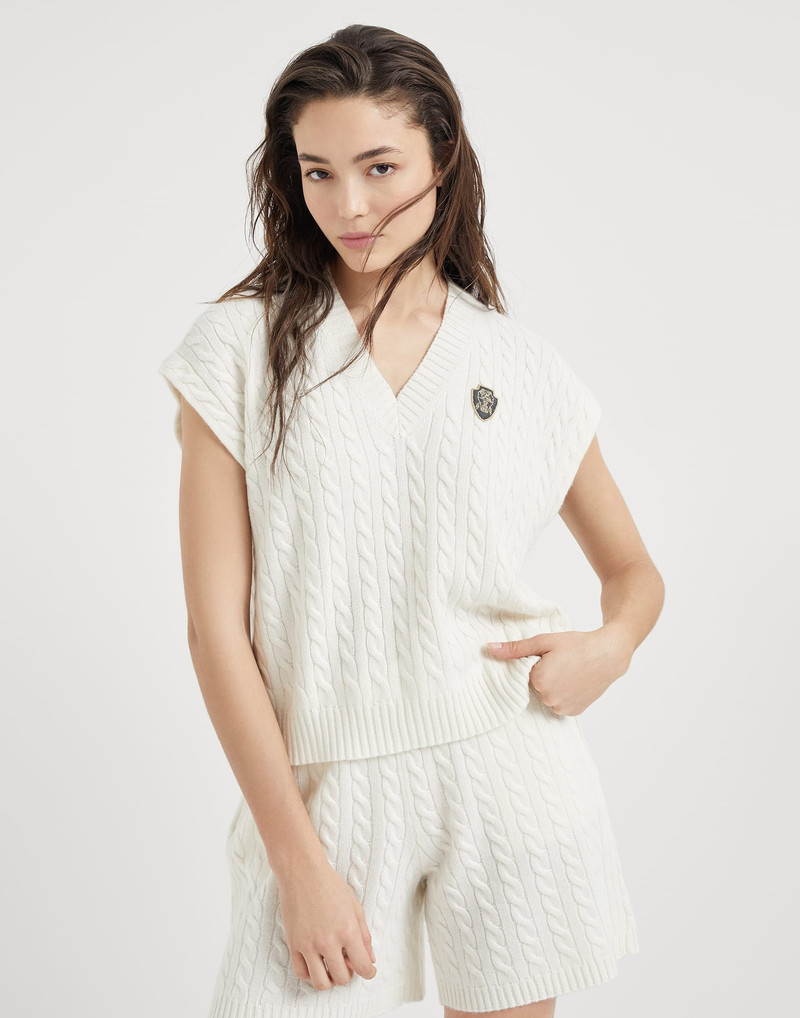 Cashmere cable knit top with logo 1
