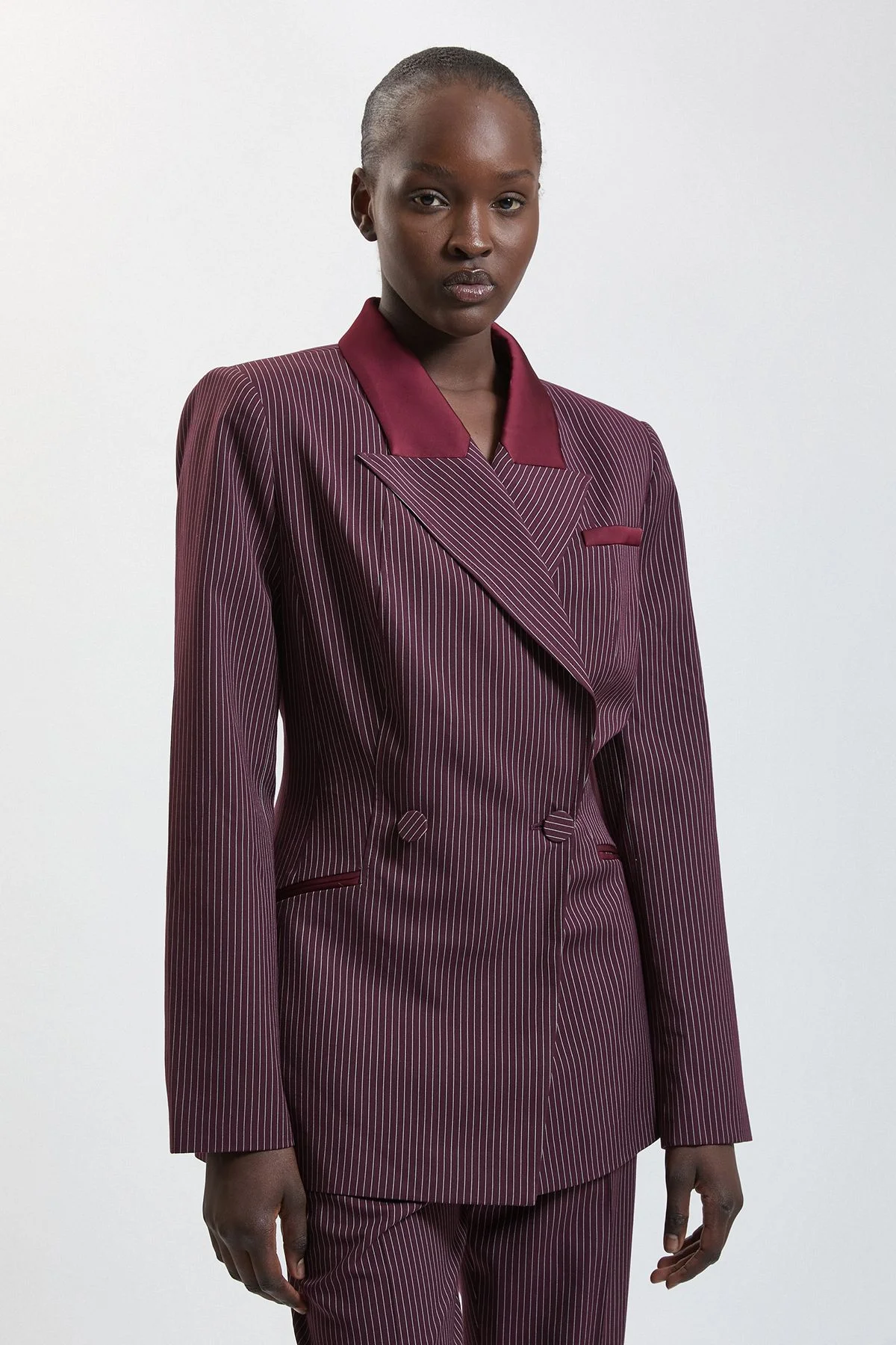 Pinstripe Satin Double Breasted Blazer - 1