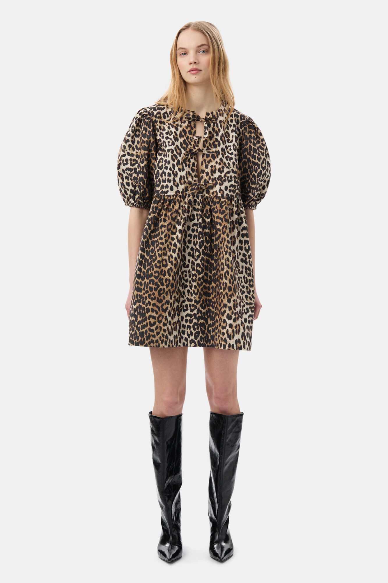 LEOPARD PRINTED COTTON TIE STRING MINI DRESS - 2