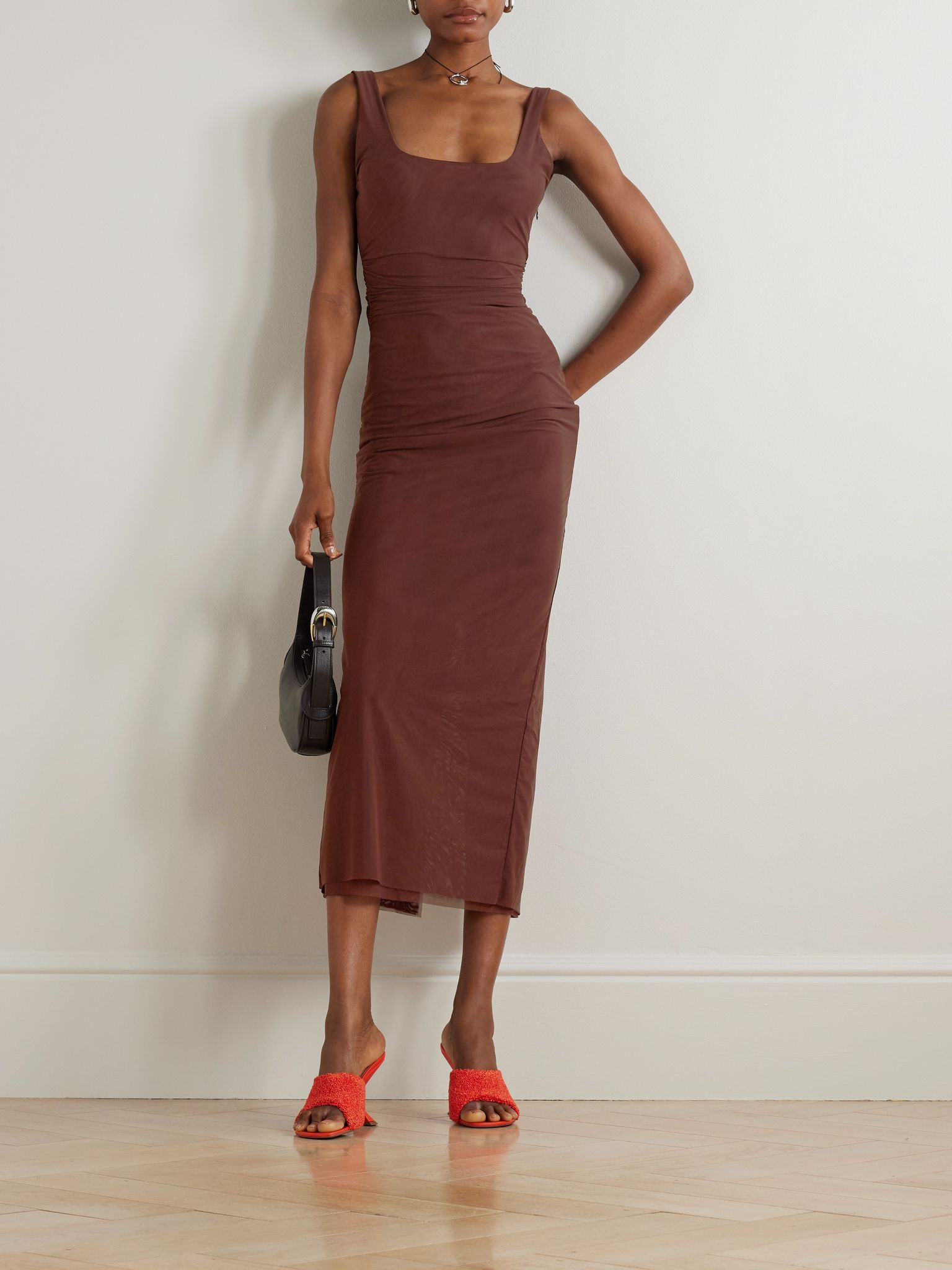 Jacques open-back gathered stretch-mesh midi dress Brown - 2