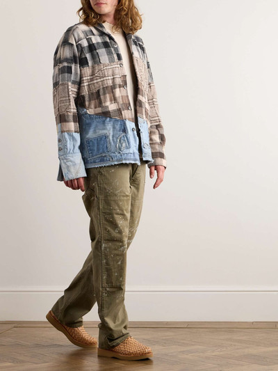 Greg Lauren Patchwork Denim-Trimmed Checked Flannel Overshirt outlook
